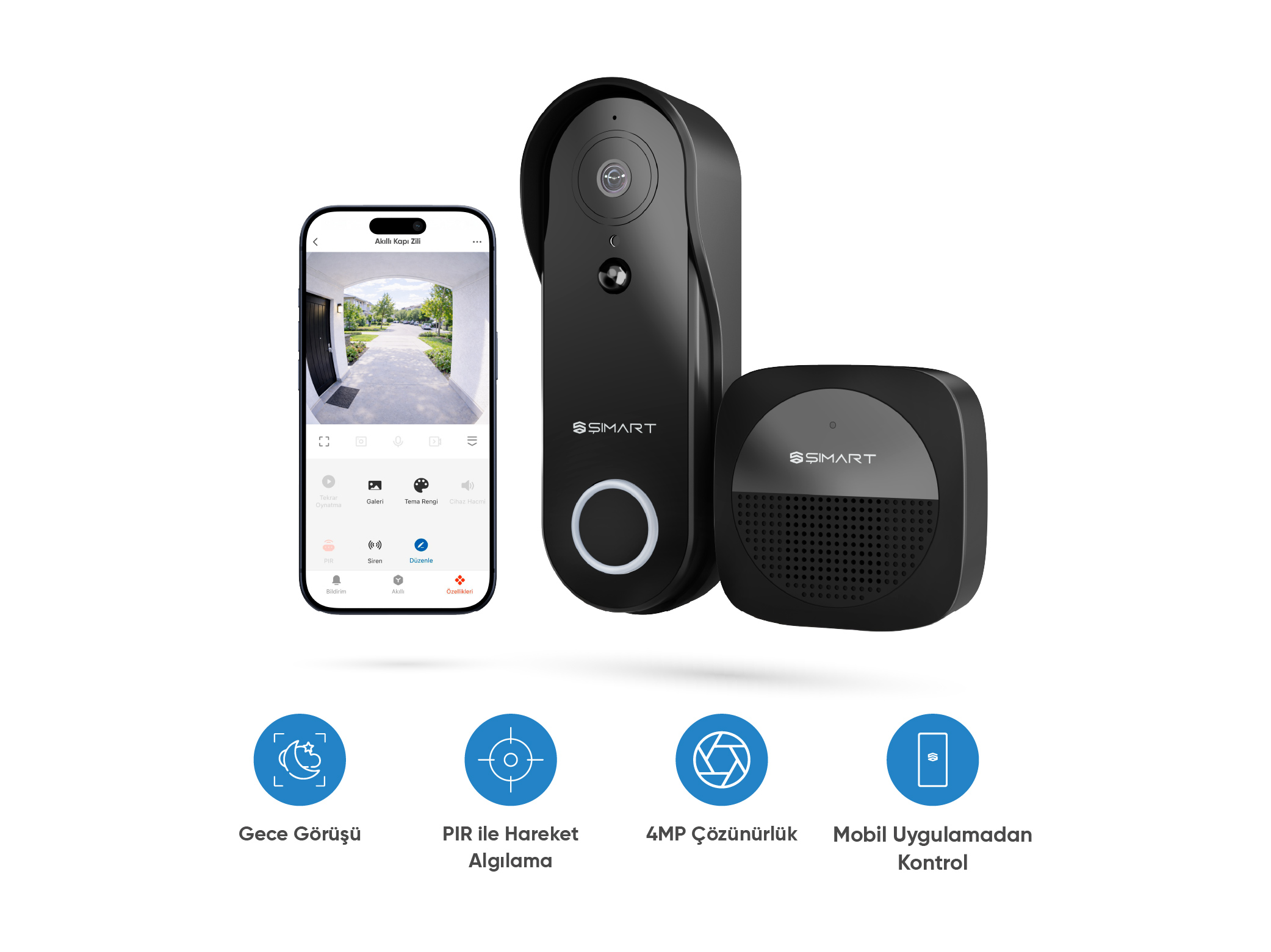 Akıllı kapı zili sistemi; telefon, zil ve zil ünitesi. Gece görüşü, hareket, 4MP, mobil kontrol ikonları.