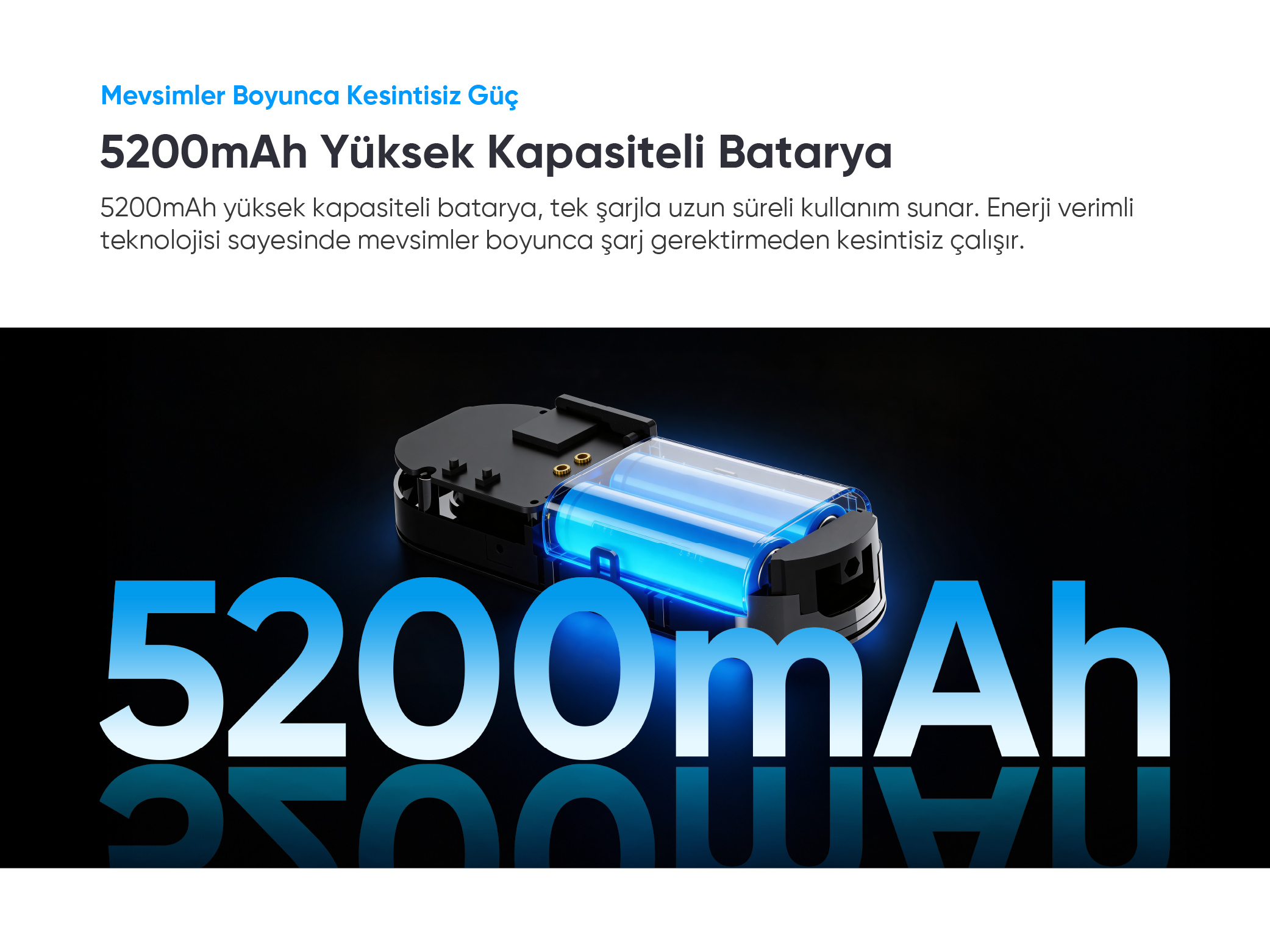 Parlayan mavi pil ve 5200mAh sayısı ile siyah arka plan.