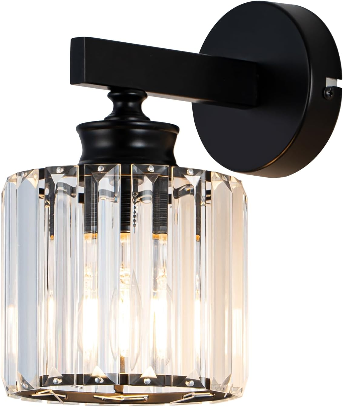 Lampada da parete nera moderna con paralume cilindrico in cristallo e lampadine a vista.