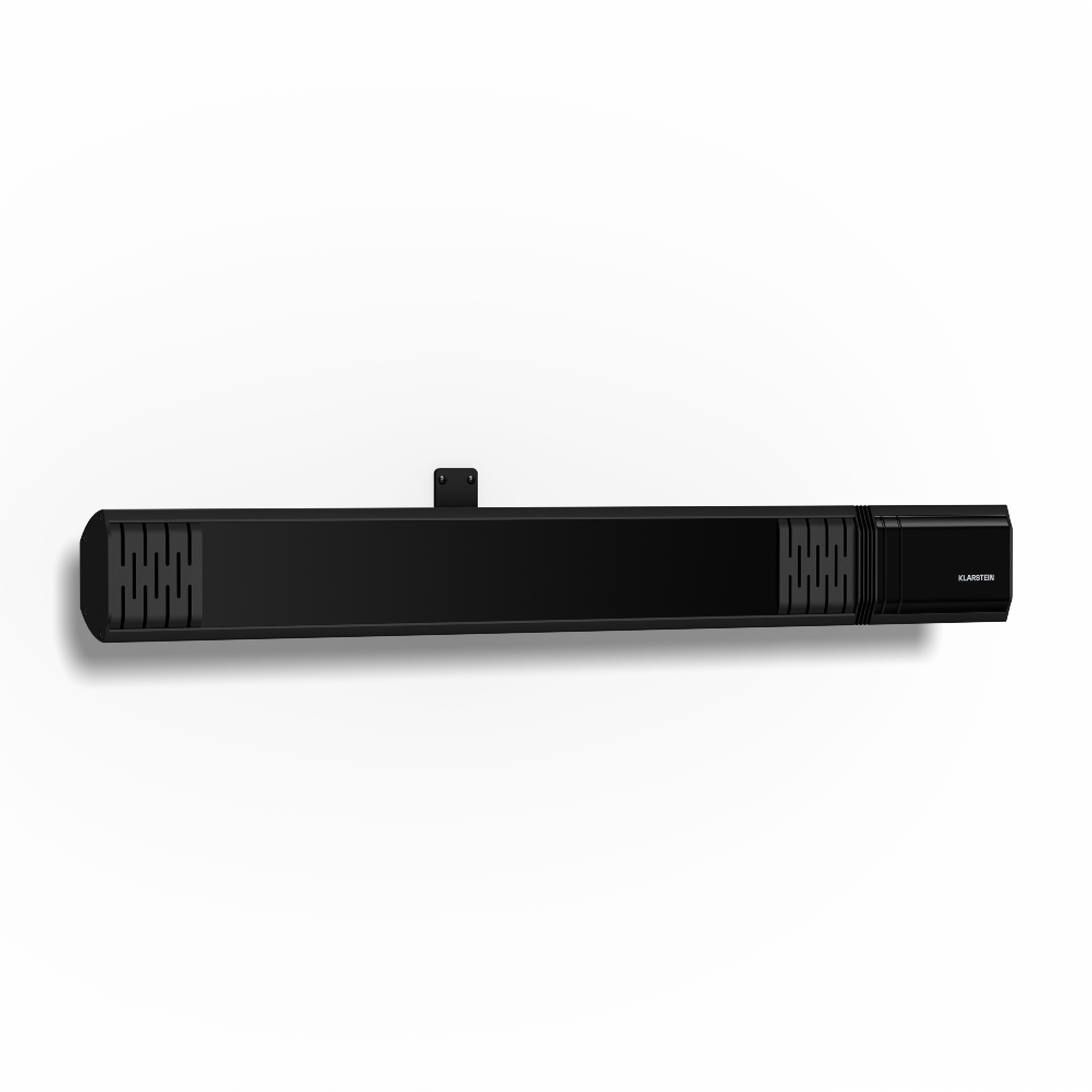 Schwarzer Heizstrahler mit Lüftungsgitter, an Wand montiert.