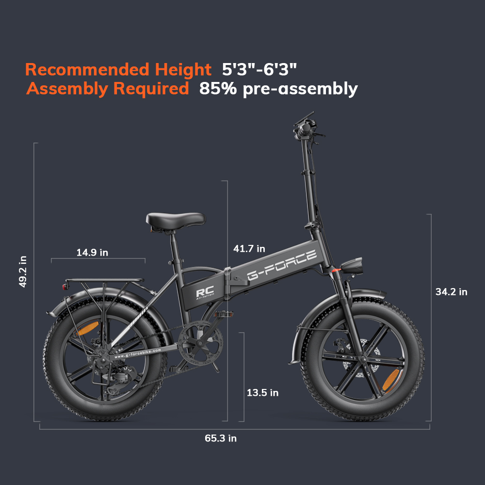 Czarny rower elektryczny G-Force z wymiarami: Dł. 65,3 cala, Wys. 49,2 cala. Rekomendowany wzrost 160-190 cm.