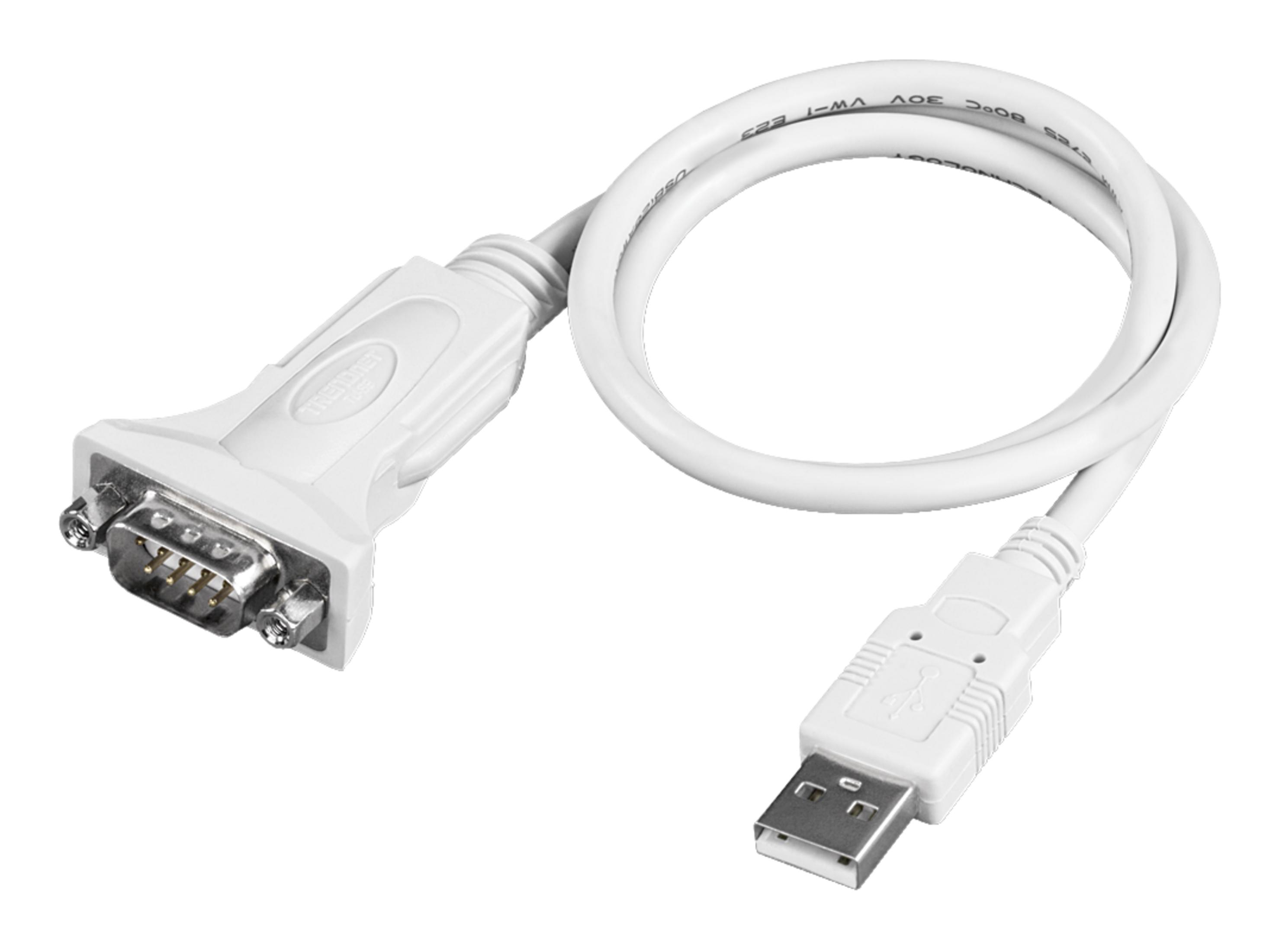 Een witte USB naar serieel converterkabel met een USB-connector en een 9-pins connector.