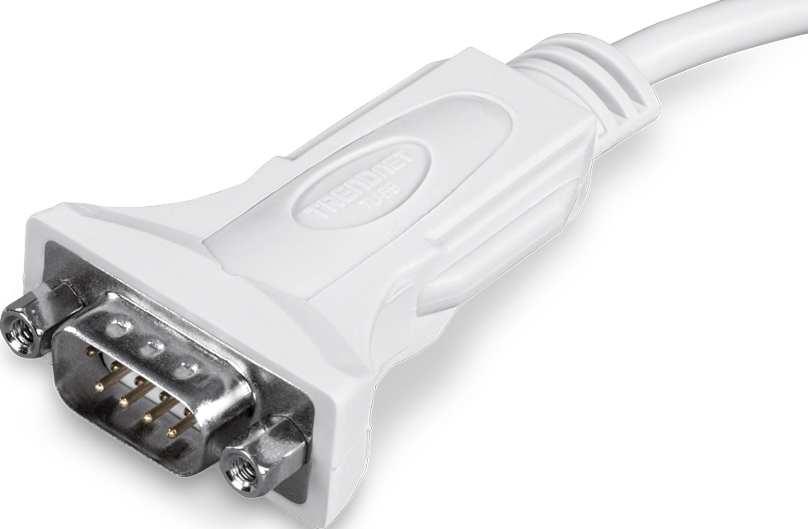 Een witte USB naar seriële adapter met vergulde pinnen en schroeven.