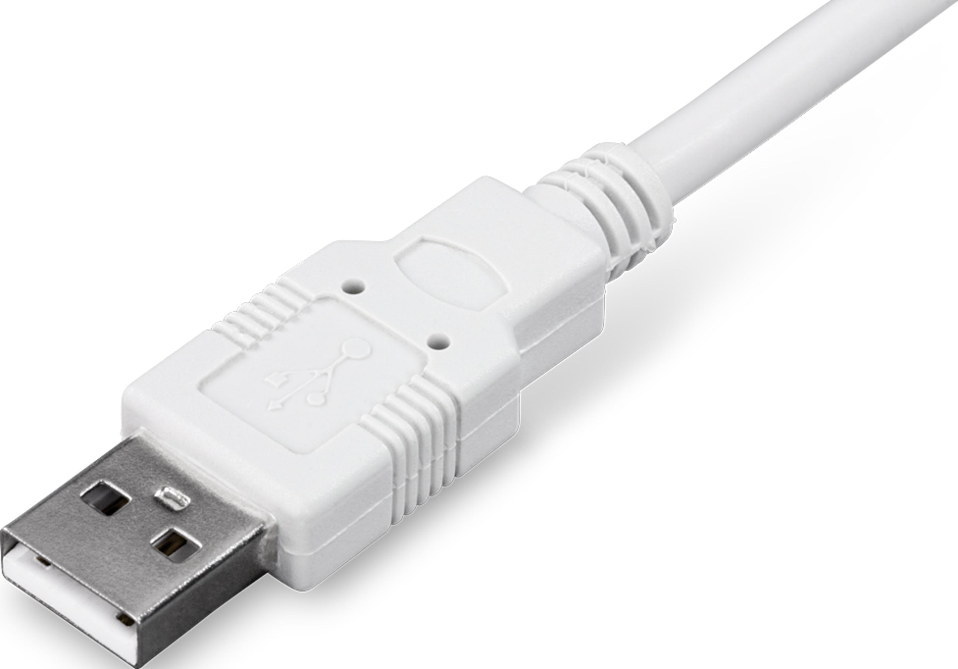 Een witte USB-kabel met een zilveren connector en een USB-symbool.