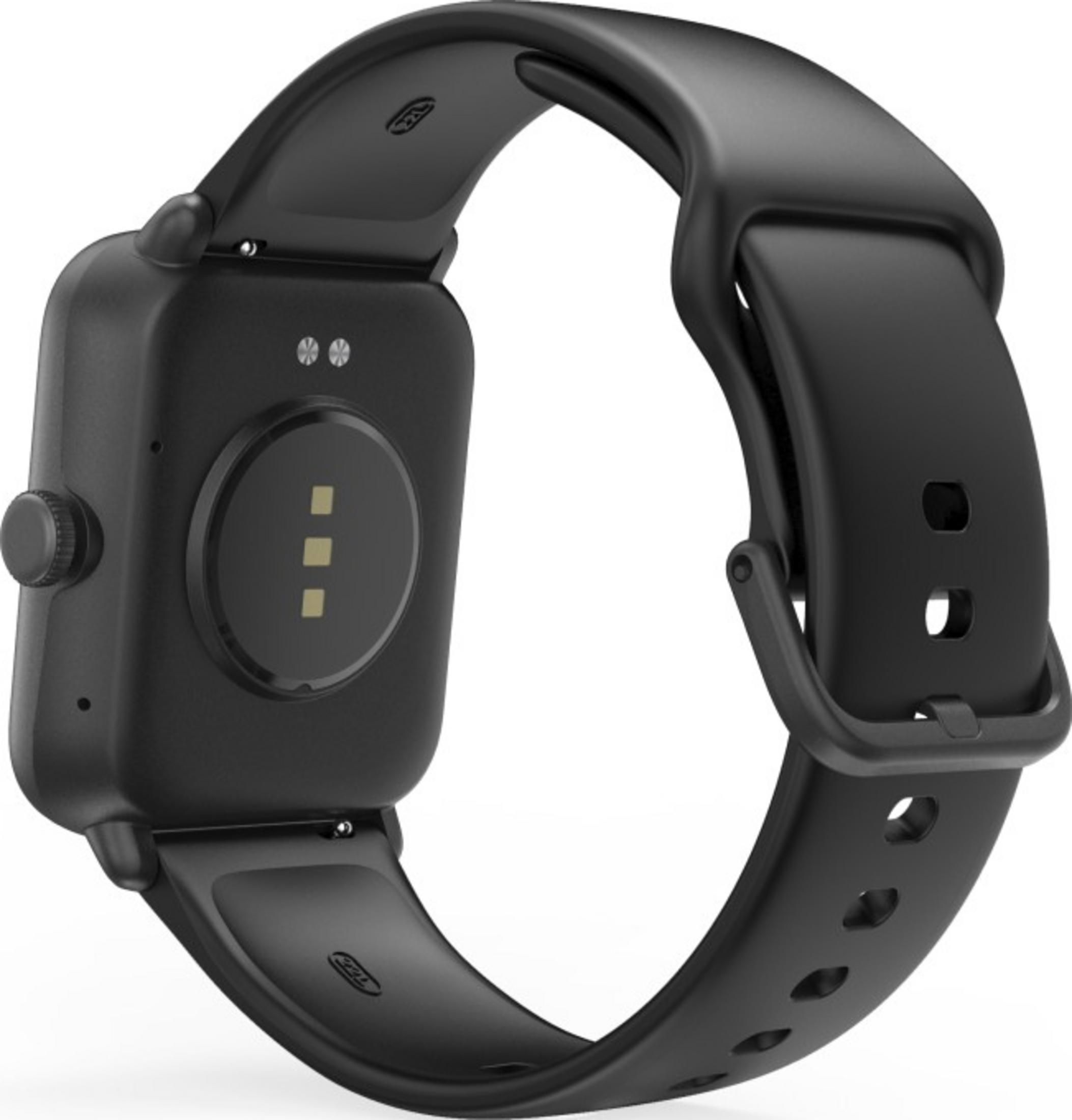 Retro di uno smartwatch nero con sensore di frequenza cardiaca e pulsante laterale.