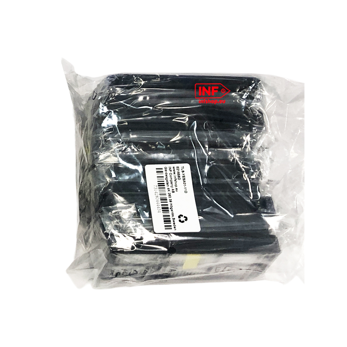 Czarne długopisy w plastikowym opakowaniu z etykietą.