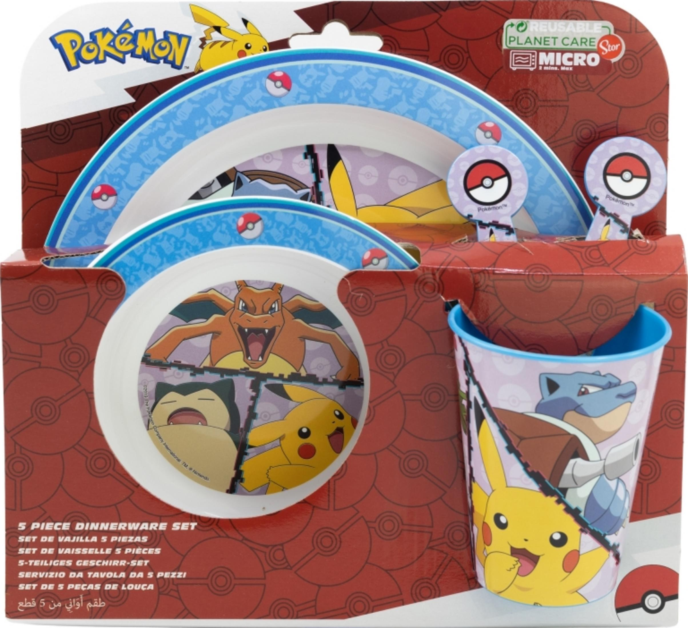 Pokémon-Geschirrset mit Pikachu, Glurak und Blastoise, blau und weiß.