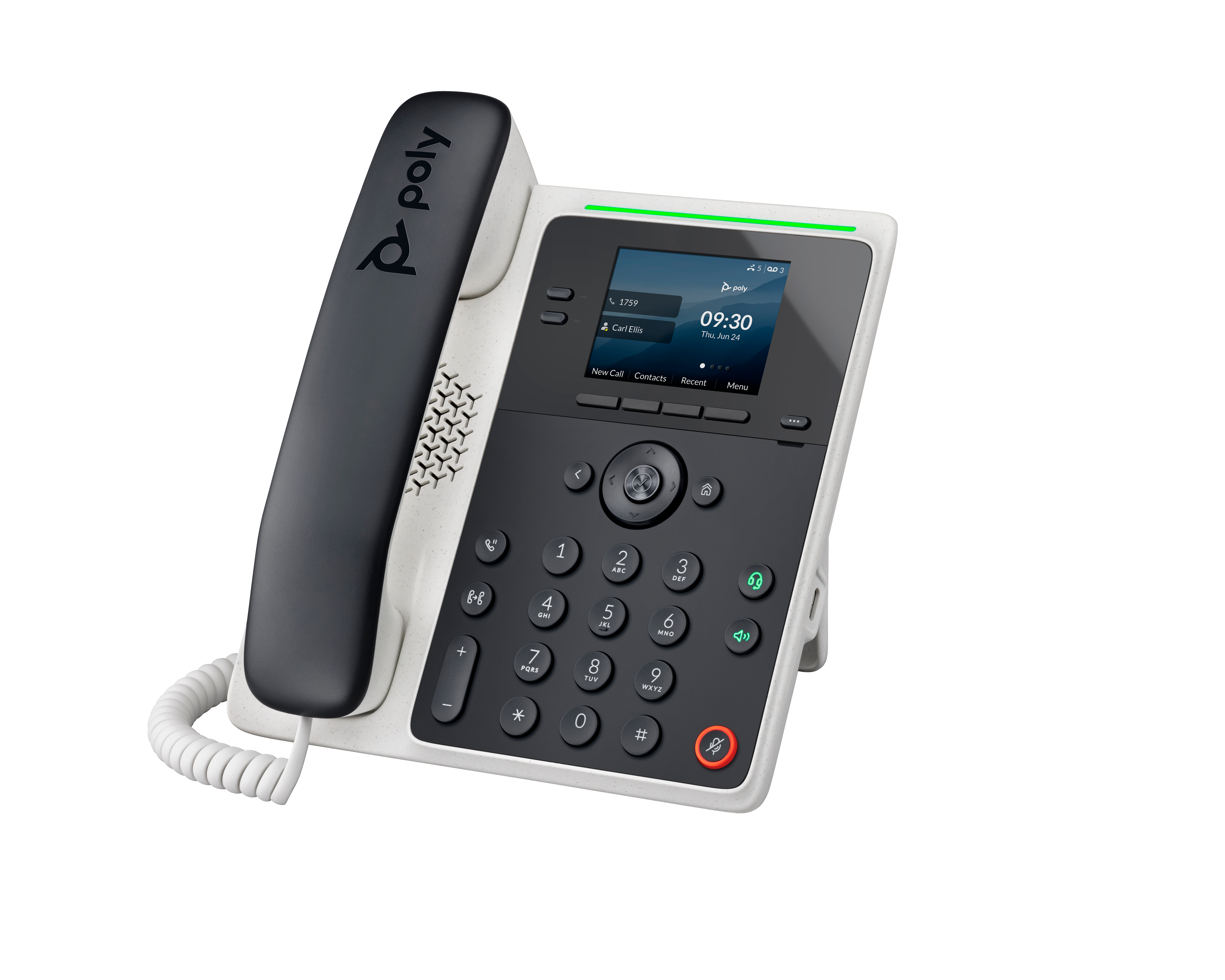 Un téléphone VoIP Poly moderne avec un combiné noir, un écran tactile et un clavier.