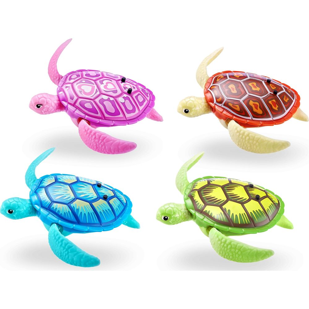 Cztery zabawki żółwie w kolorach różowym, czerwonym, niebieskim i zielonym na białym tle.