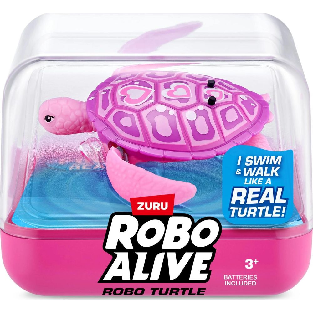 Różowa zabawka robotyczna żółw w przezroczystym opakowaniu na niebieskiej wodzie.