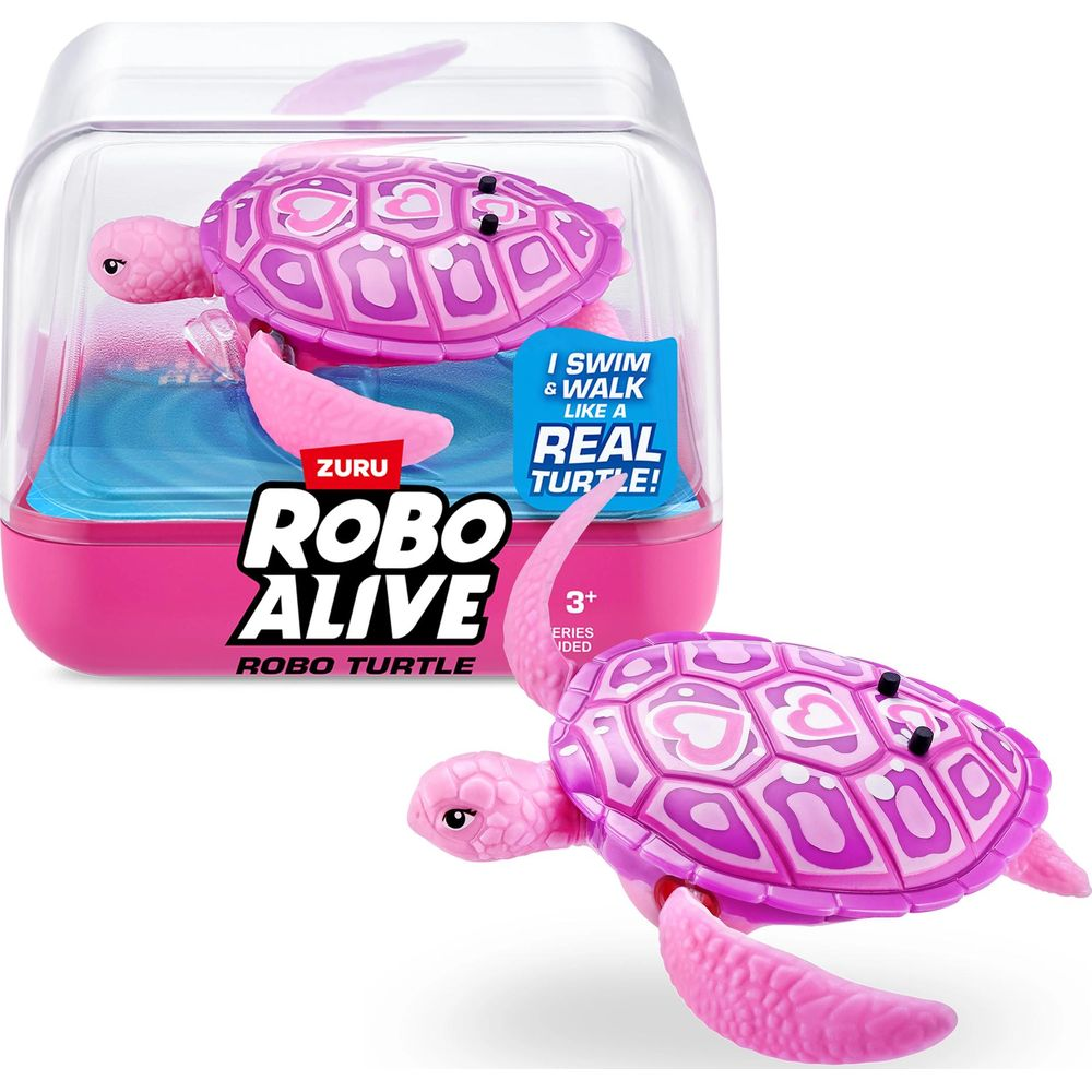 Różowa Robo Żółw z fioletowymi wzorami w opakowaniu i obok.