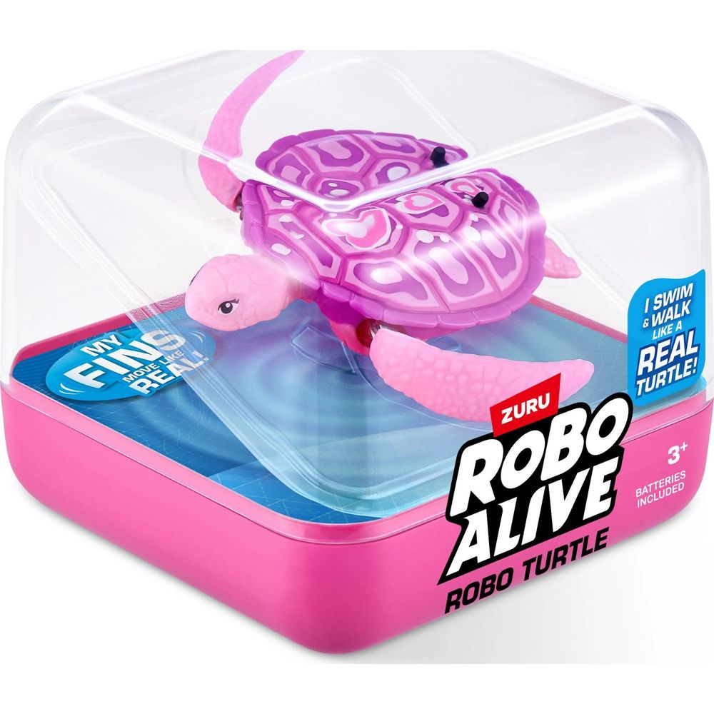 Różowa żółwica zabawkowa Robo Alive w opakowaniu z tekstem.