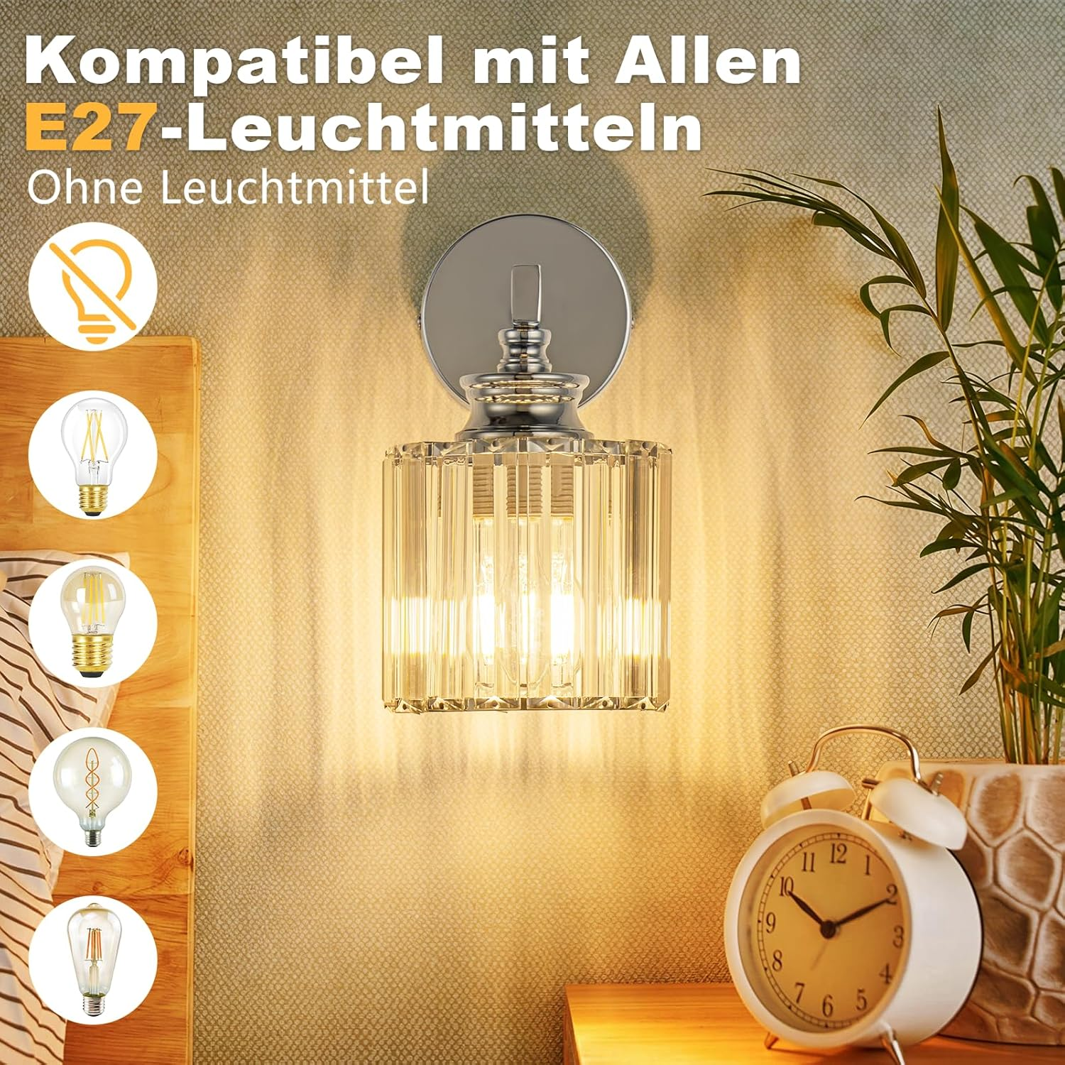 Lampada da parete con cilindro in vetro e quattro opzioni di lampadina accanto.