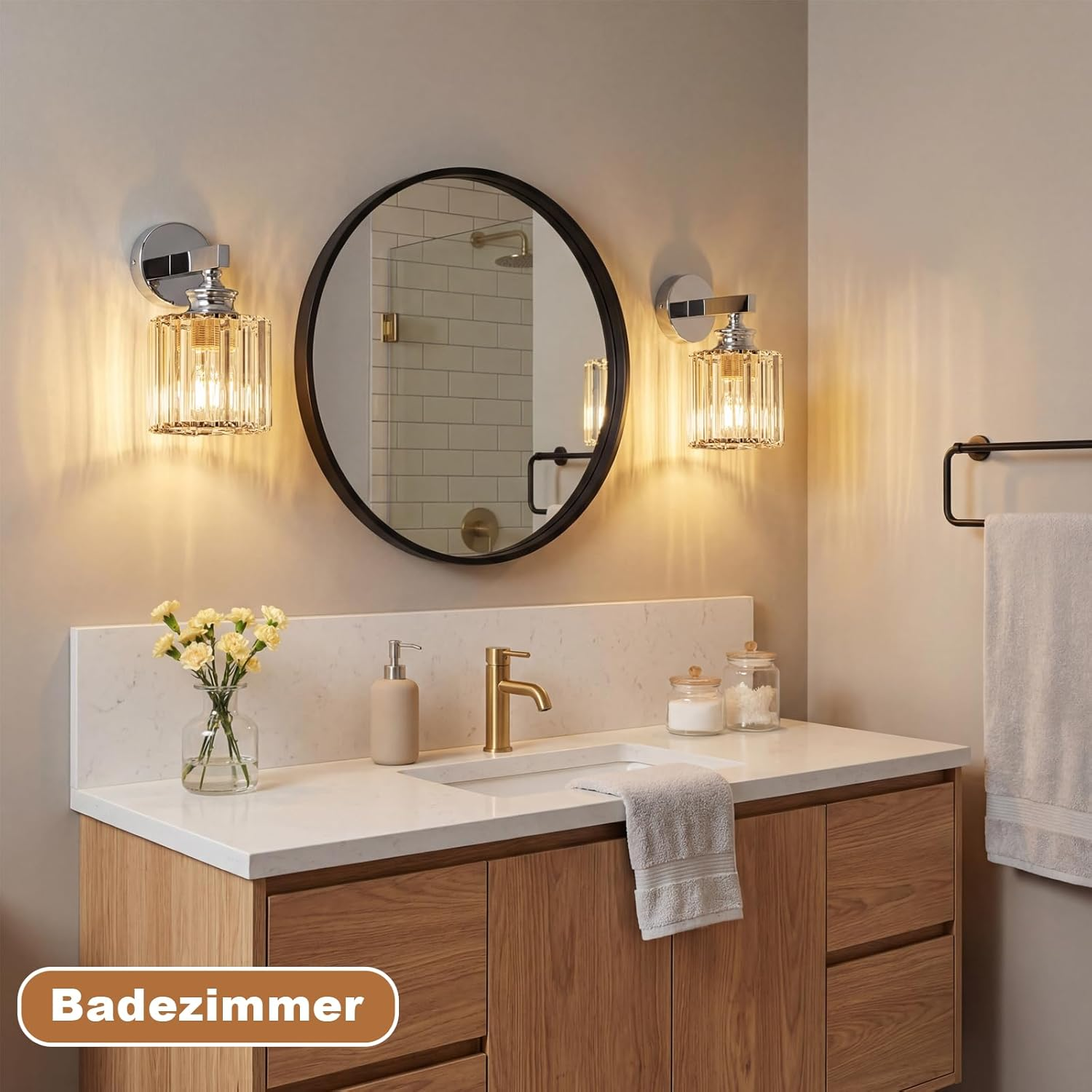 Un mobile bagno con specchio, luce, fiori e asciugamani.