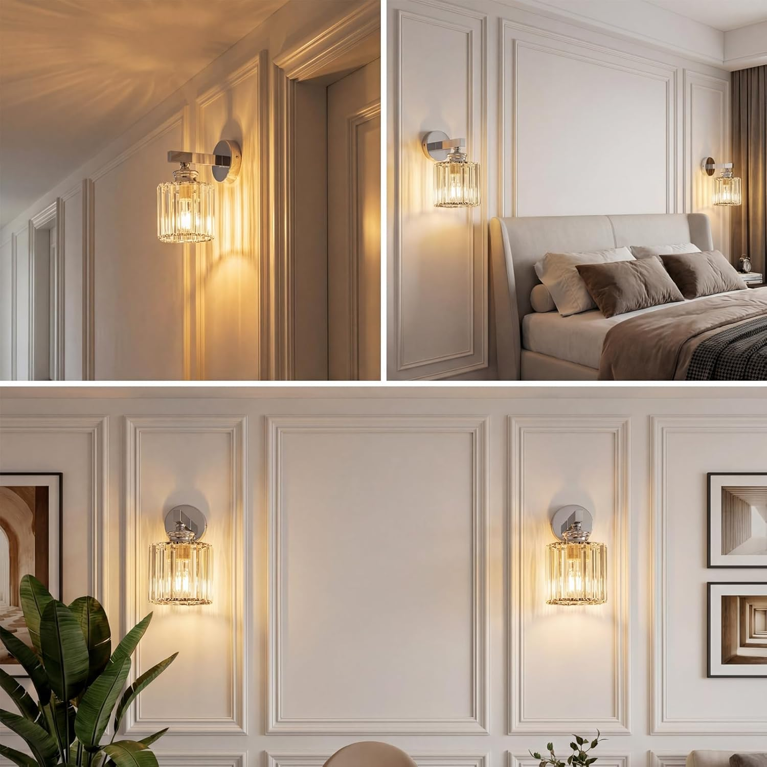 Applique da parete moderna con cilindro in vetro e dettagli cromati illumina pareti eleganti.