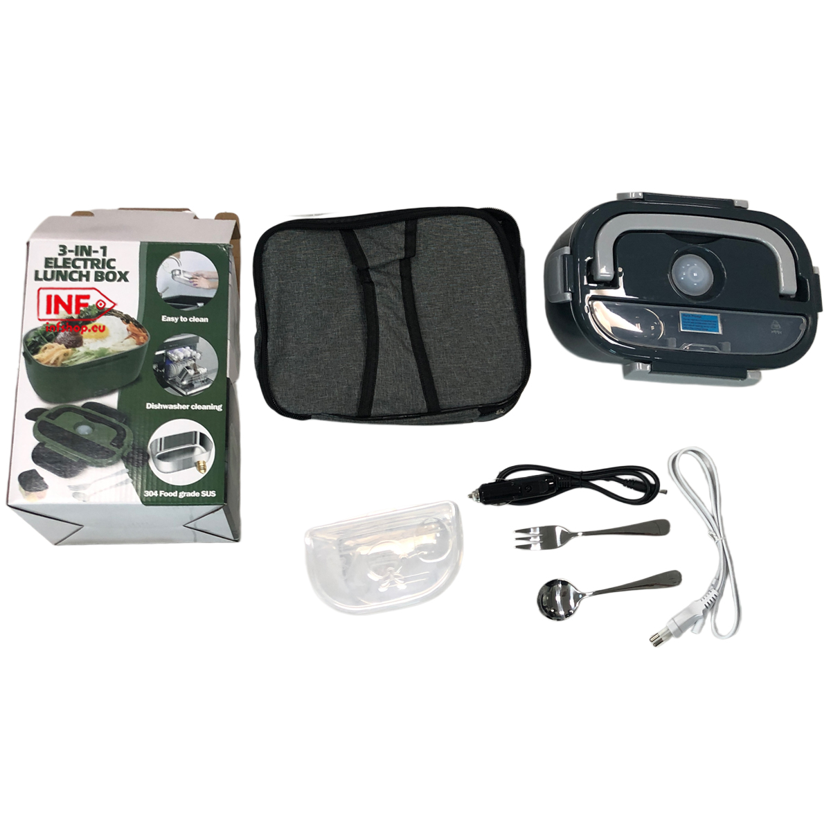 Zestaw elektrycznego lunchboxa 3 w 1 z torbą, łyżką, widelcem i kablami.