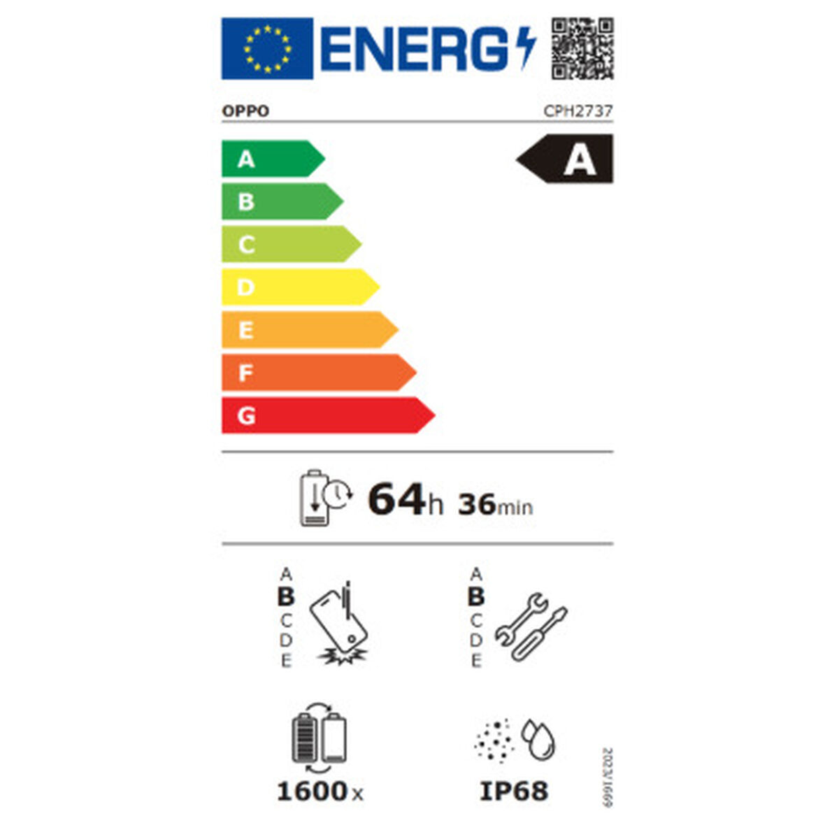 Etykieta energetyczna OPPO CPH2737: Klasa A, 64h 36min żywotność baterii, 1600x cykli ładowania, IP68.