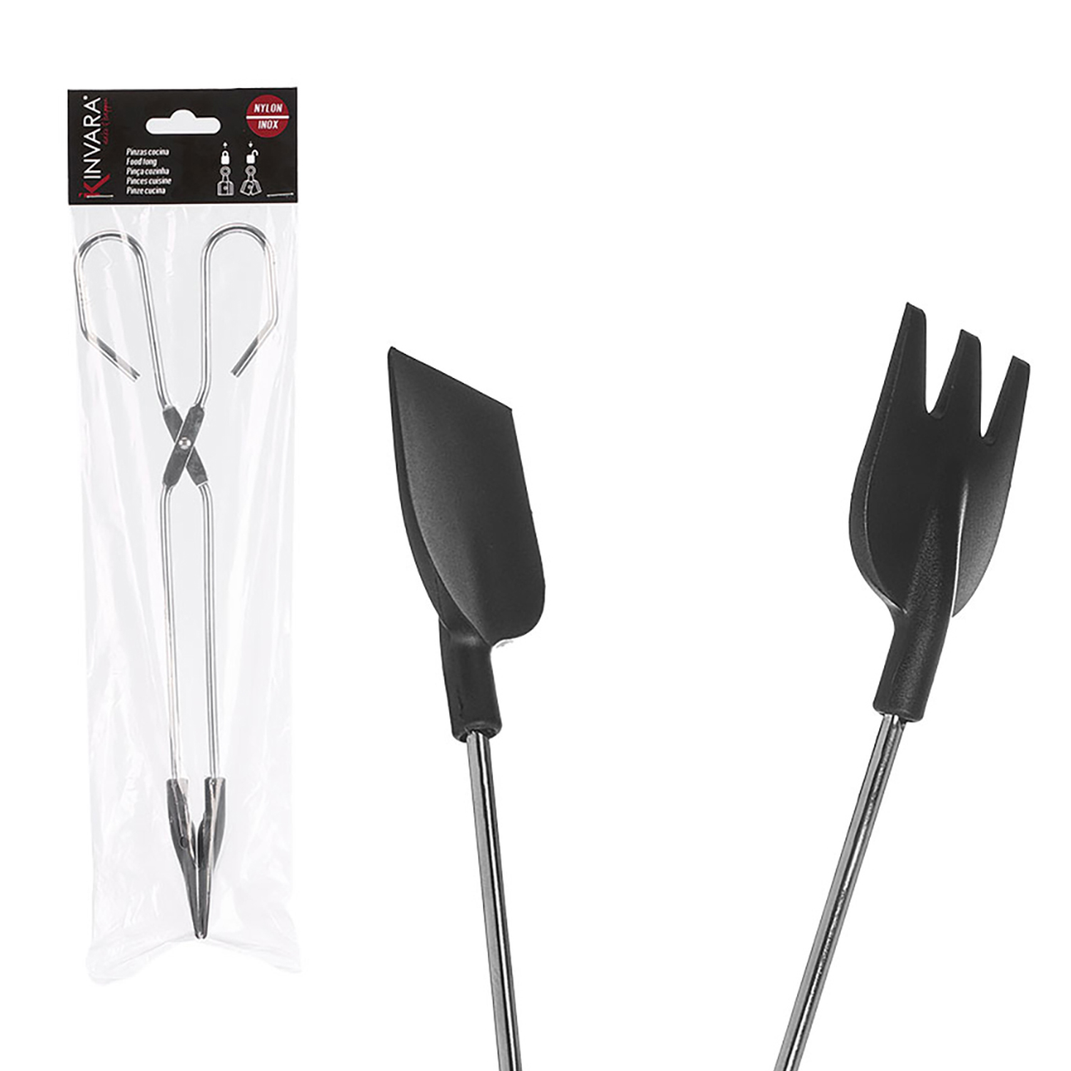 Pinze da cucina, spatola e forchetta in metallo con manici neri.