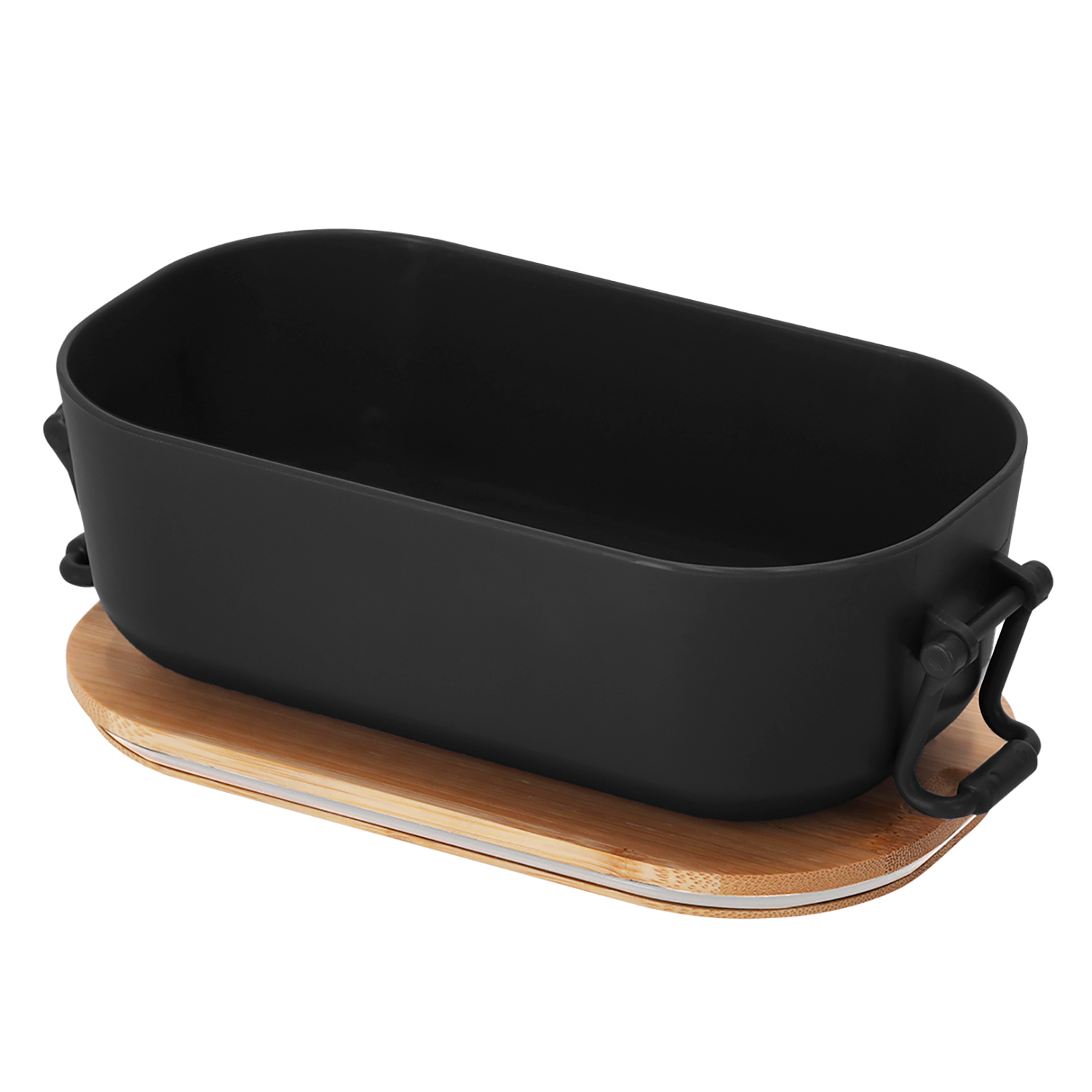Un recipiente rectangular negro con asas sobre una base de madera.