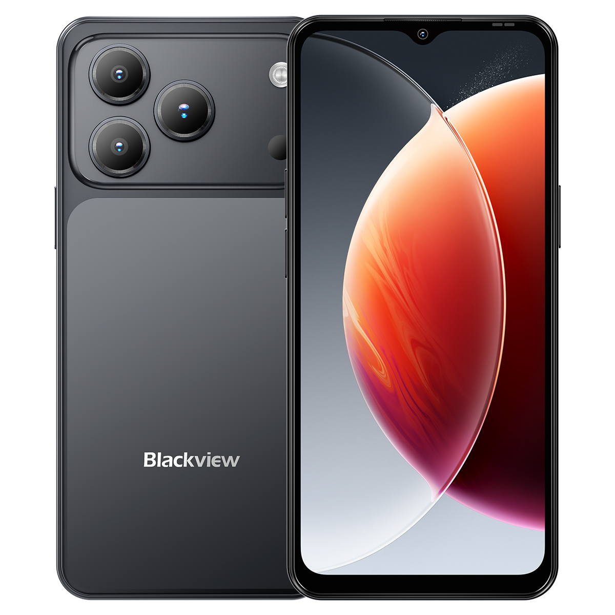 Un smartphone negro con tres cámaras traseras y una pantalla colorida.