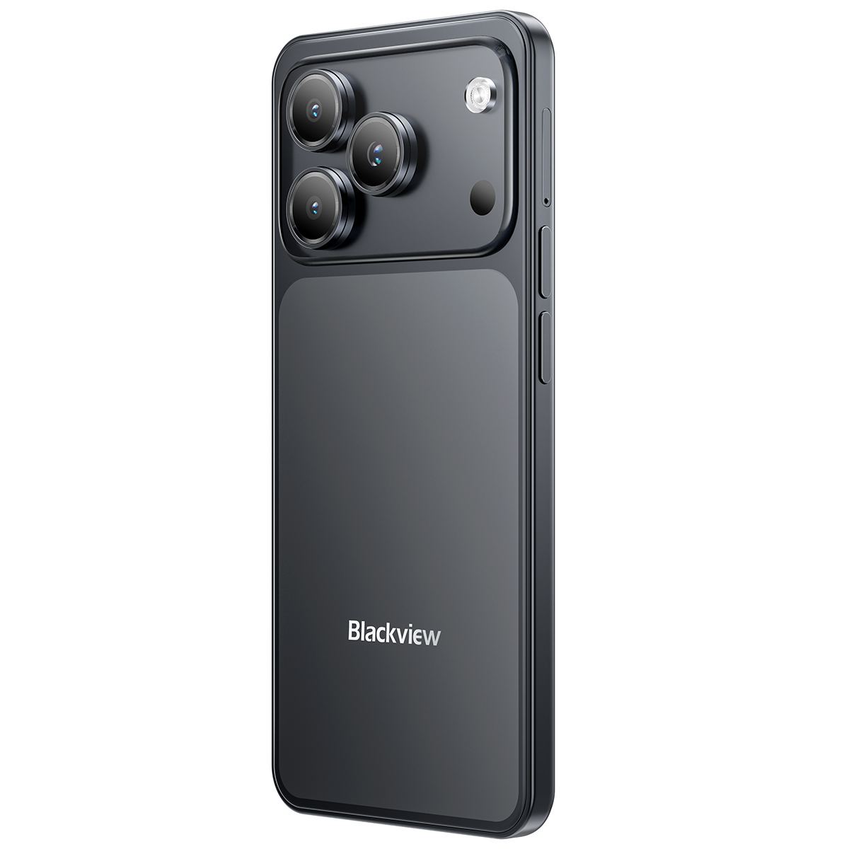 Een donkere smartphone met drie camera's en flitser aan de achterkant.