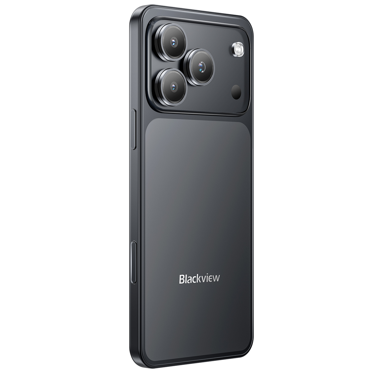 Achterkant van een donkere smartphone met drie camera's en flitser.