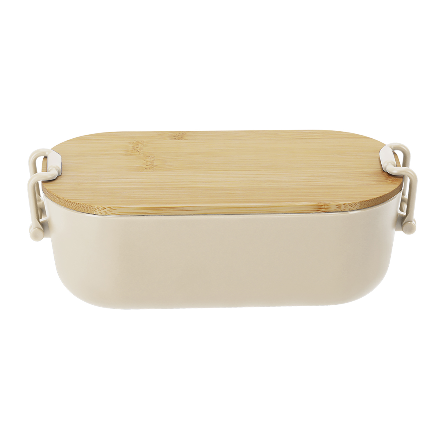 Una lonchera beige con tapa de bambú y clips blancos.