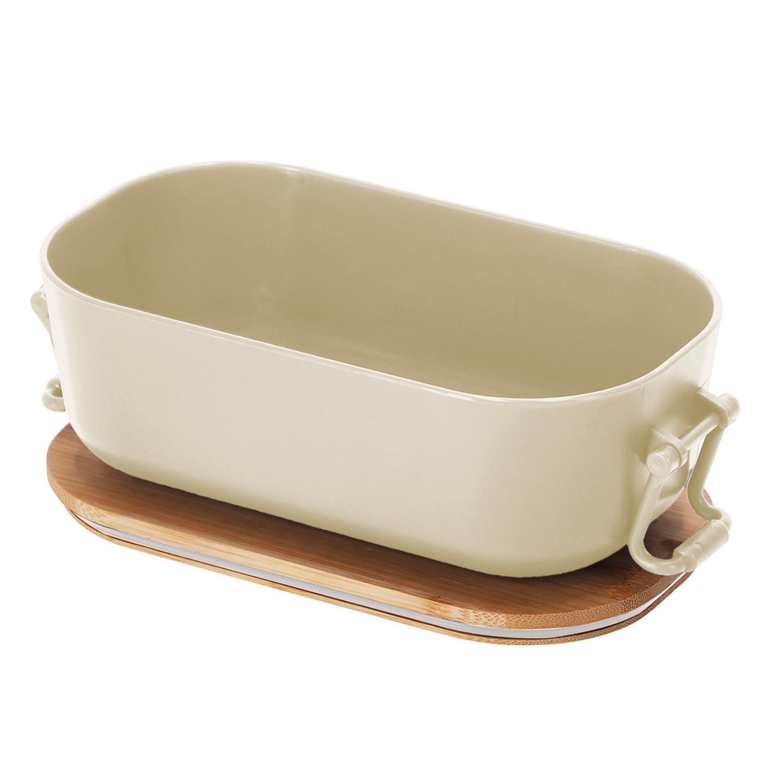 Un recipiente rectangular color crema sobre una base de bambú con asas.
