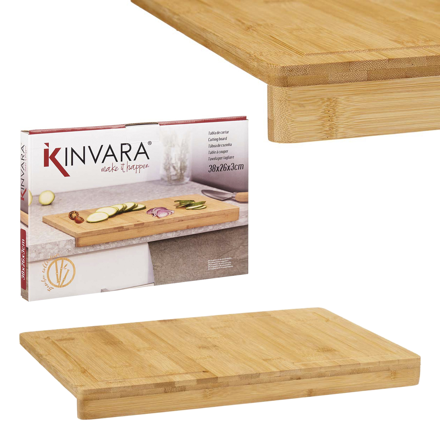 Una tabla de cortar rectangular de bambú con saliente. Empaque de cartón al lado.