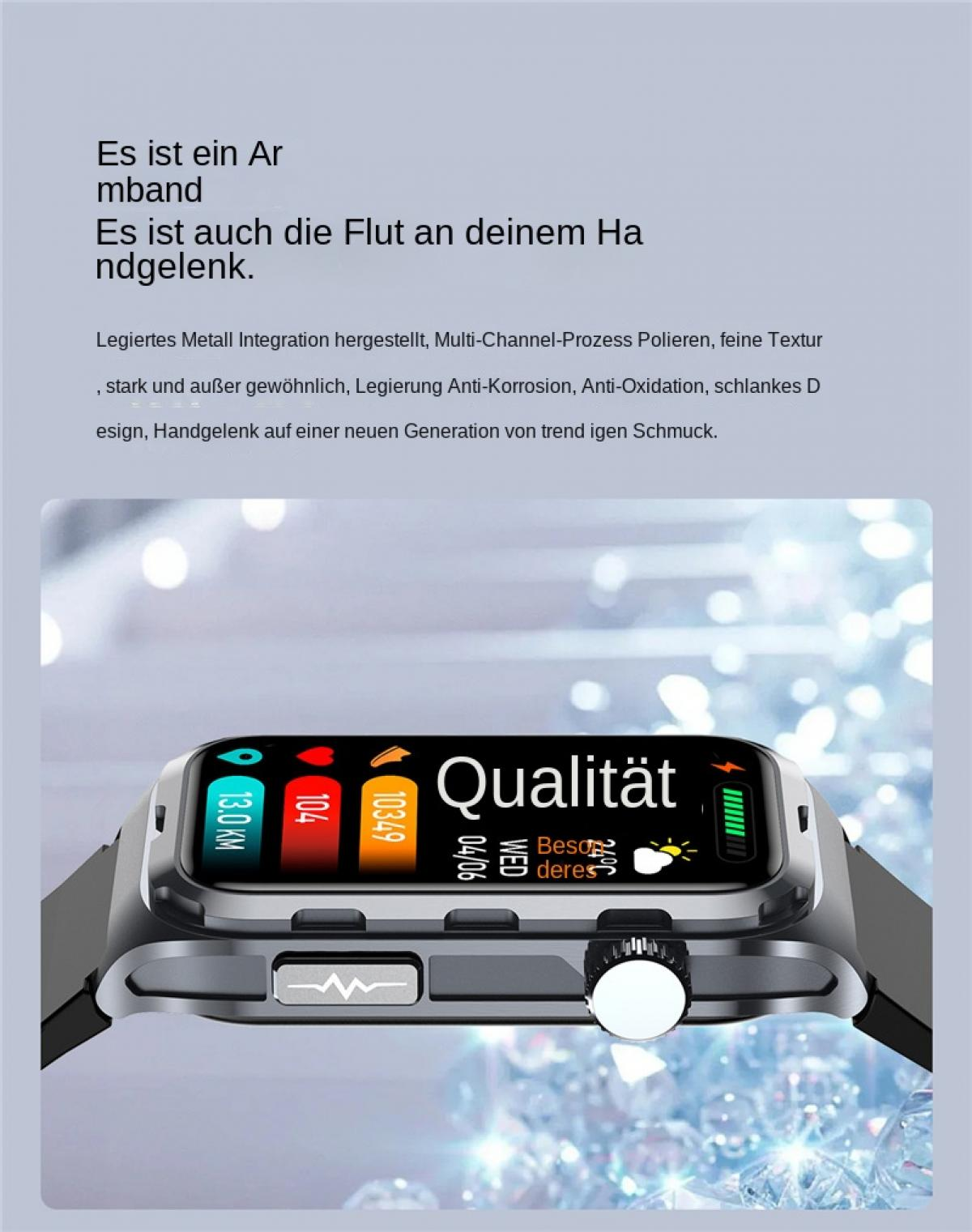 Nahaufnahme einer Smartwatch mit silbernem Metallgehäuse und schwarzem Armband.
