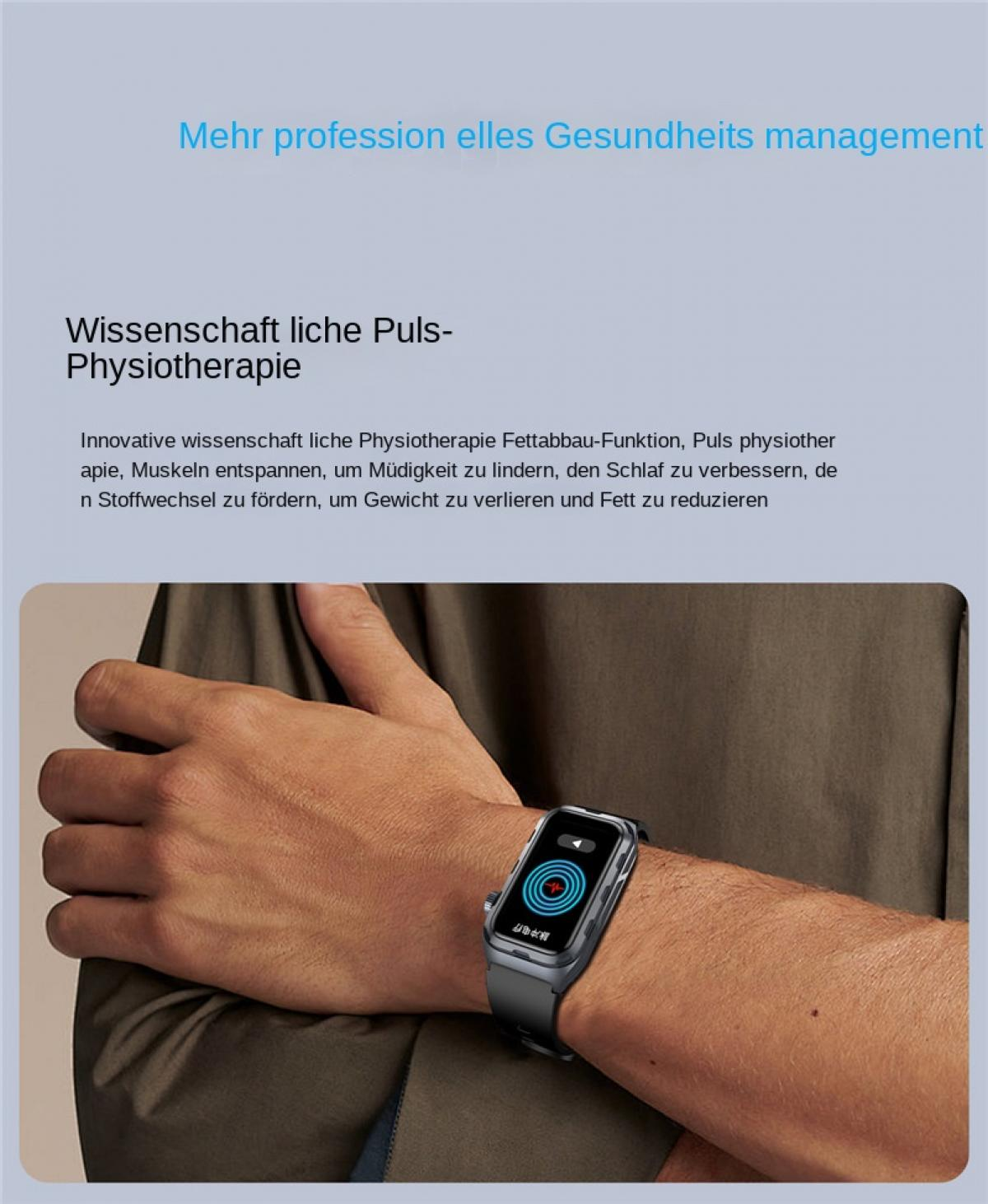 Mann mit Smartwatch am Handgelenk, die eine Herzfrequenz anzeigt.