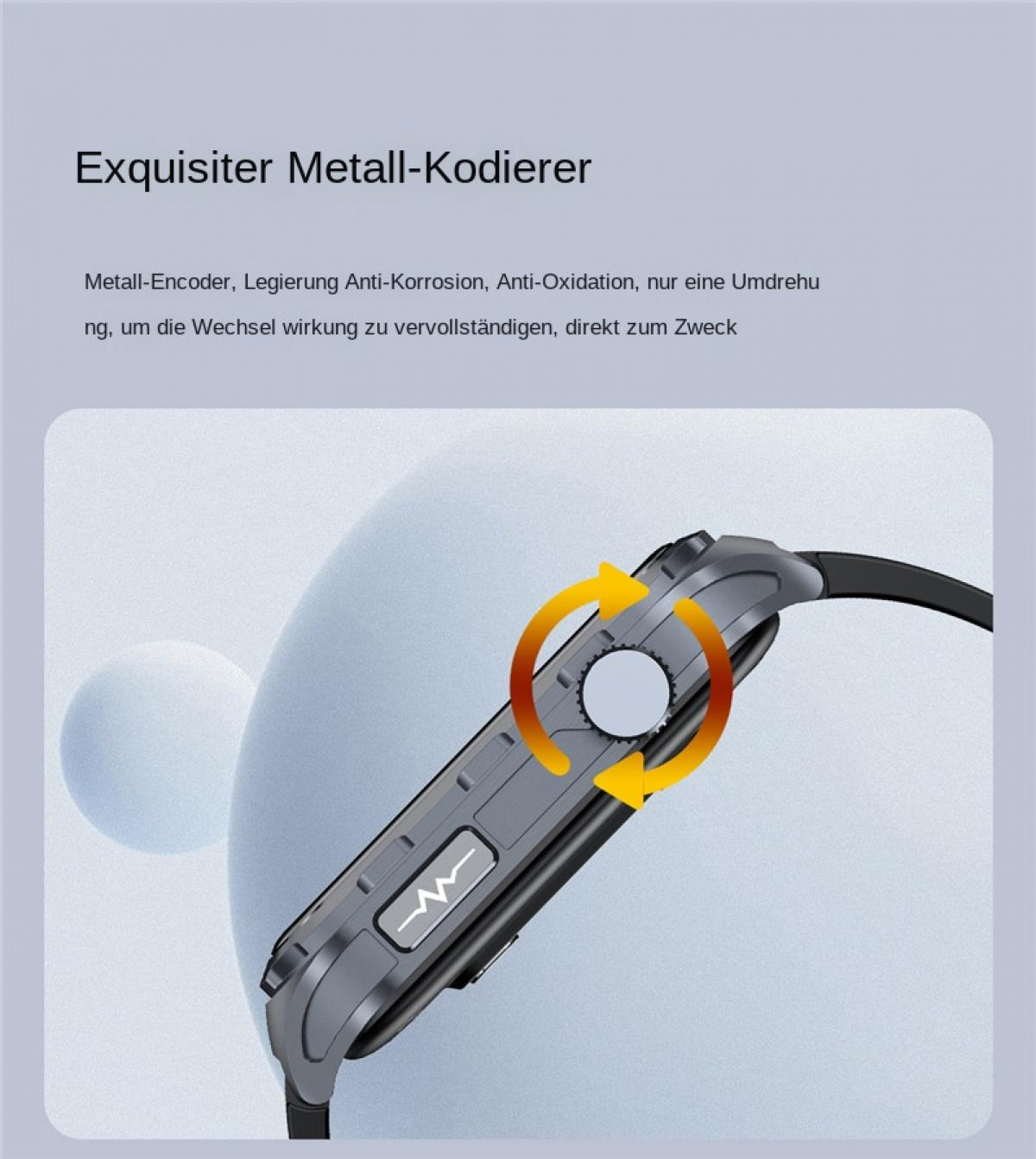 Graue Smartwatch mit drehenden Pfeilen, die die Drehung des Knopfes zeigen.