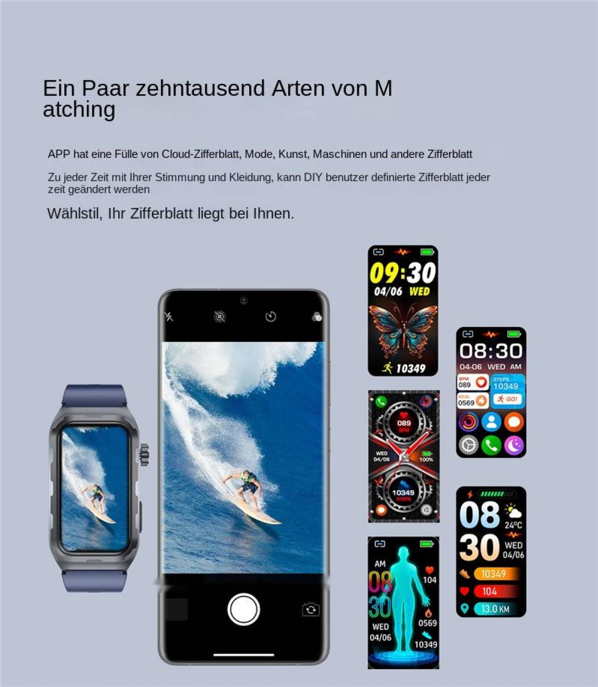 Smartwatch und Handy zeigen Surfer. Mehrere Zifferblätter mit Schmetterling, Uhrzeit, Schritten.
