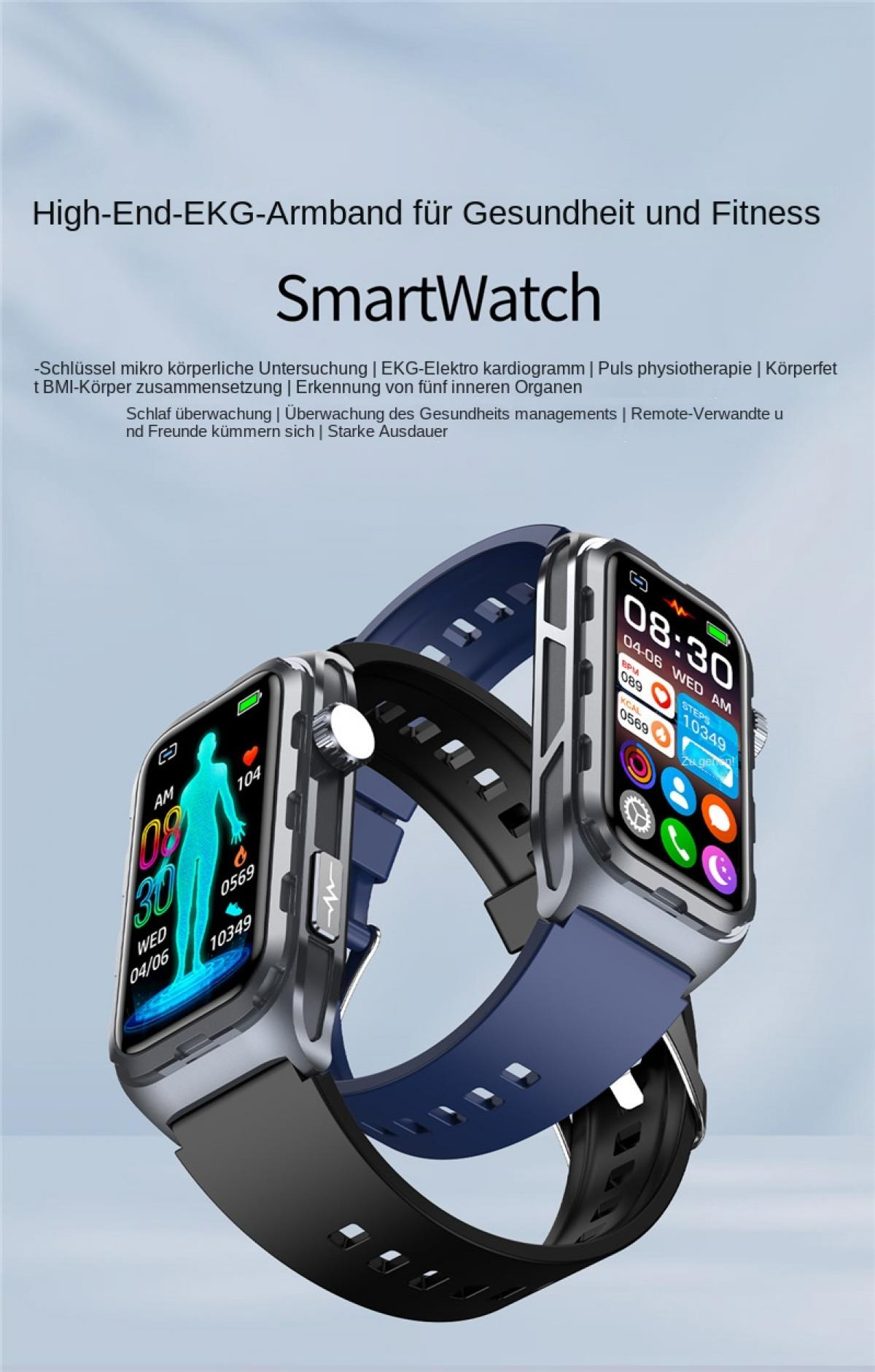 Zwei Smartwatches mit Gesundheitsanzeigen, eine mit blauem und eine mit schwarzem Band.