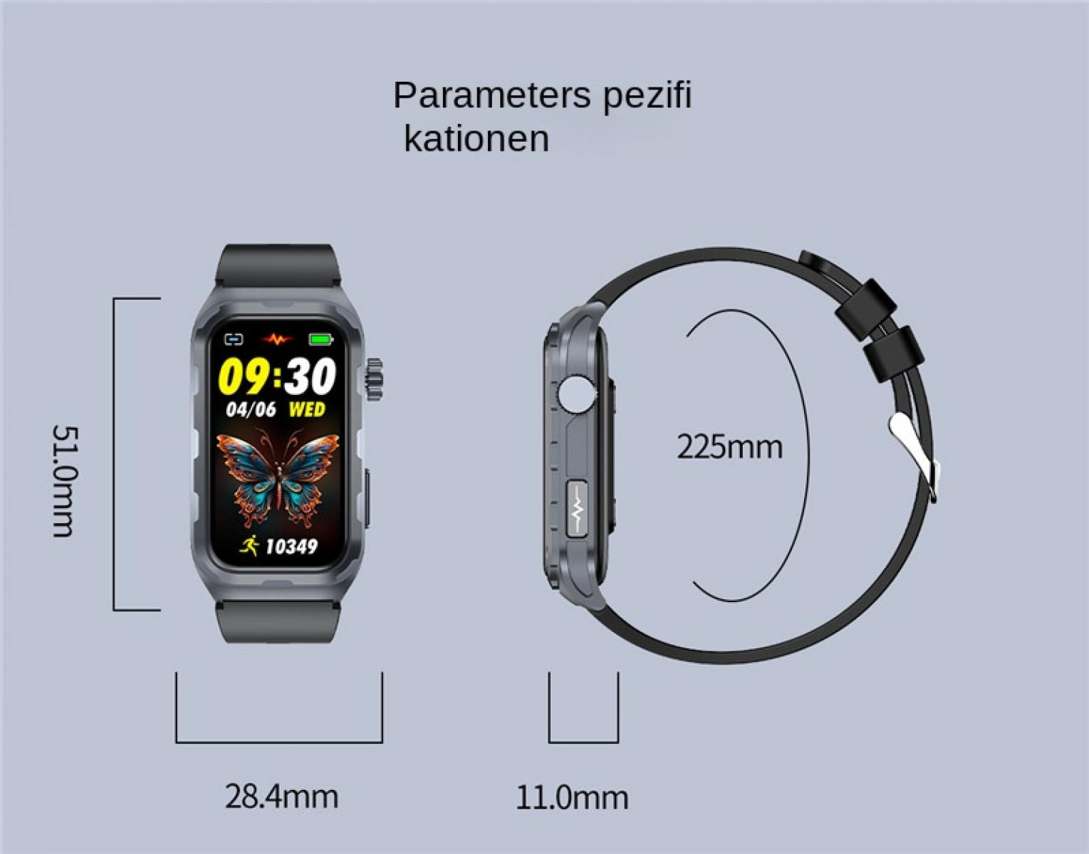 Graue Smartwatch mit Schmetterlingsdisplay, Maße 51,0x28,4x11,0mm, Band 225mm.