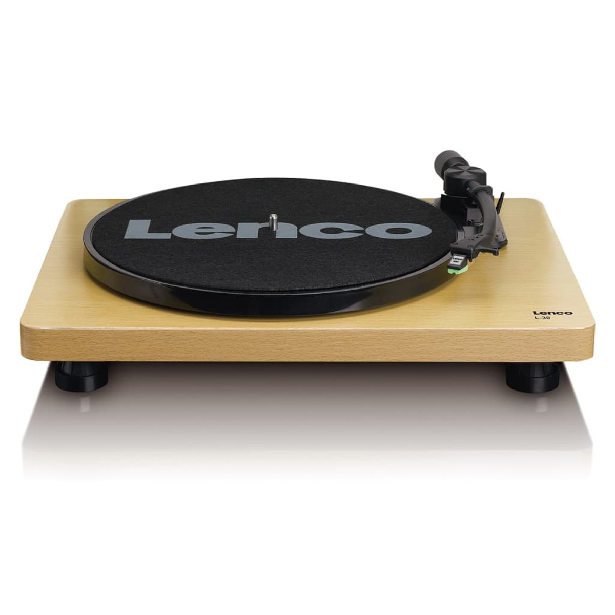 Drewniany gramofon z czarną matą Lenco i ramieniem.
