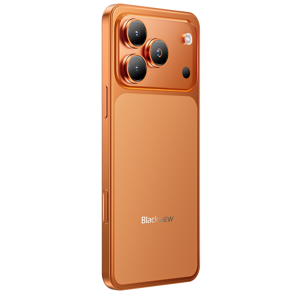 Oranje smartphone met drievoudige camera en flitser.