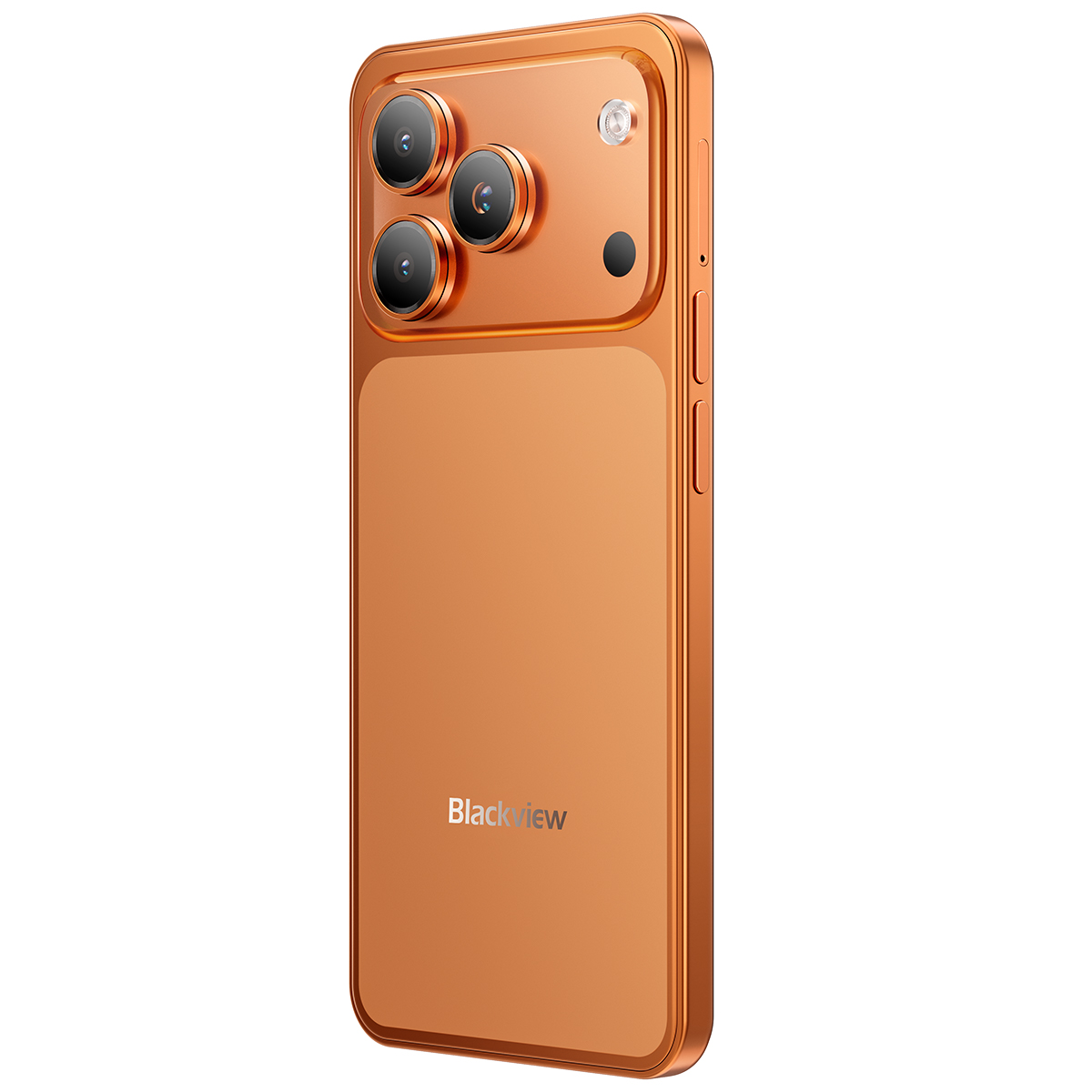 Oranje smartphone met drievoudige camera en flitser aan de achterkant.