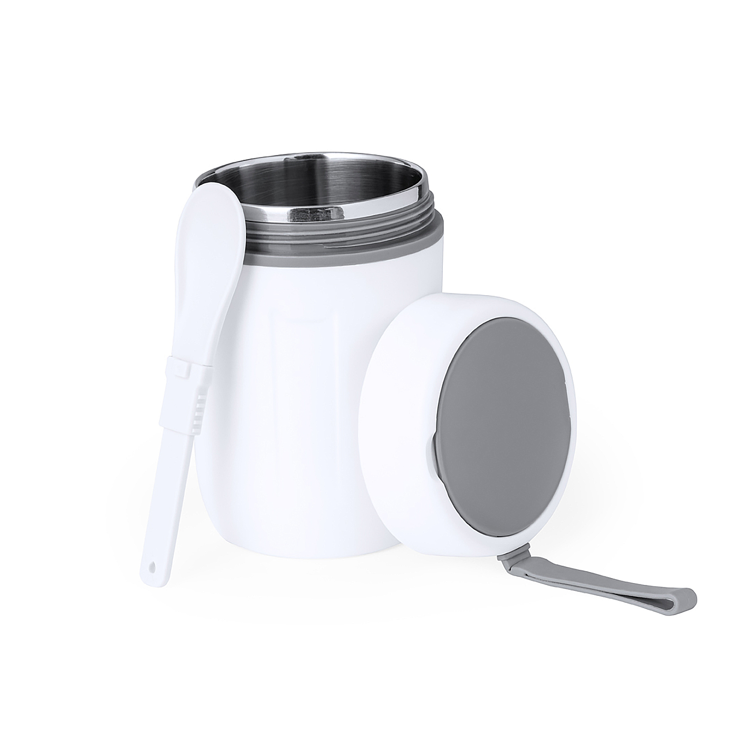 Un termo blanco con cuchara y tapa gris.