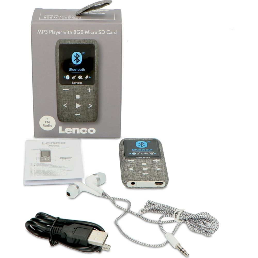Odtwarzacz MP3 Lenco ze słuchawkami, kablem i instrukcją obok opakowania.