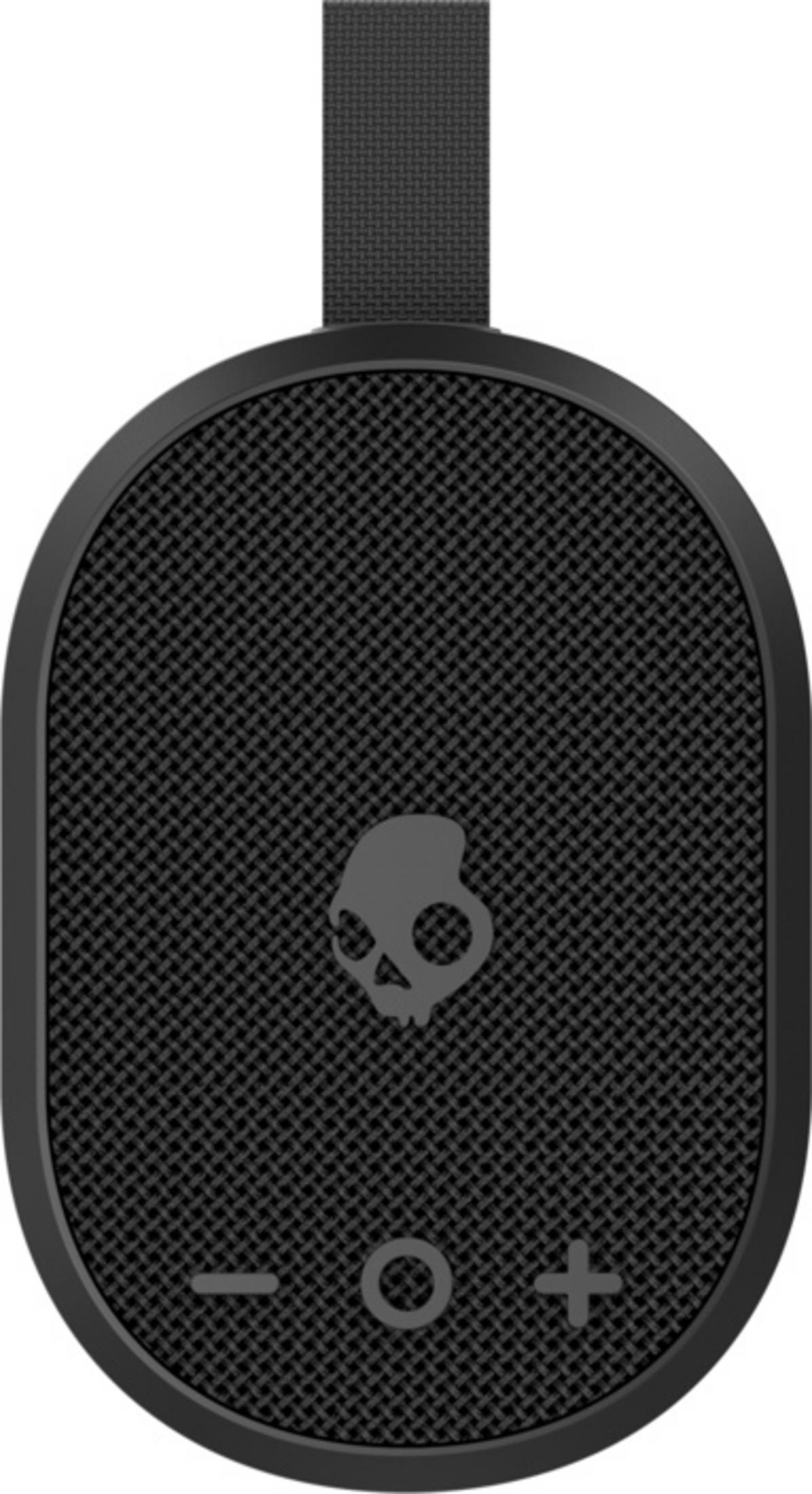 Schwarzer Skullcandy Lautsprecher mit Skull-Logo und Tasten.