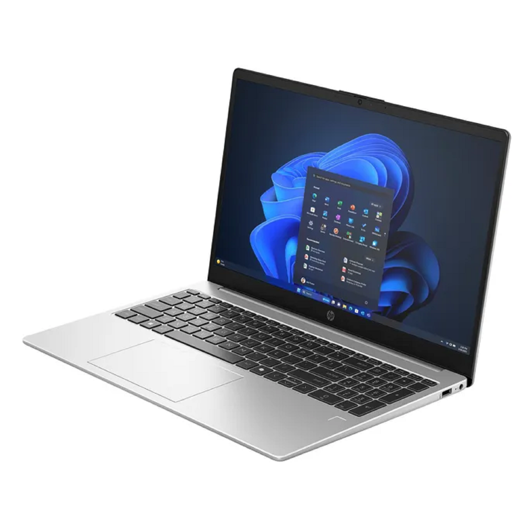 Silberner Laptop mit Tastatur, Touchpad und Windows-Startmenü auf dem Bildschirm.