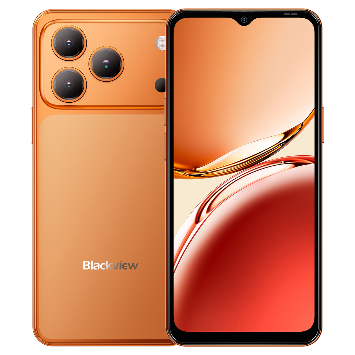 Smartphone arancione con tre fotocamere posteriori e schermo acceso.