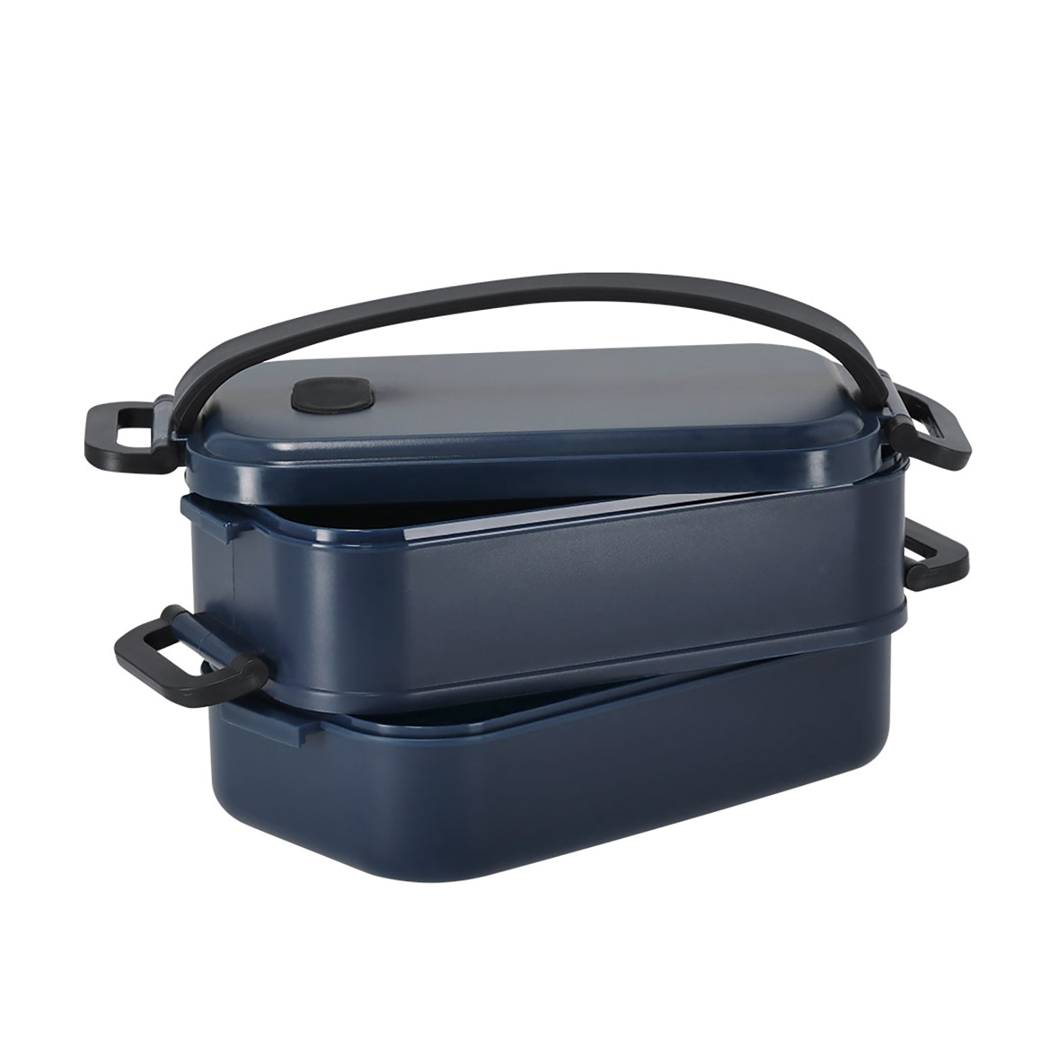Un recipiente azul oscuro para fiambrera de dos niveles con asa negra.
