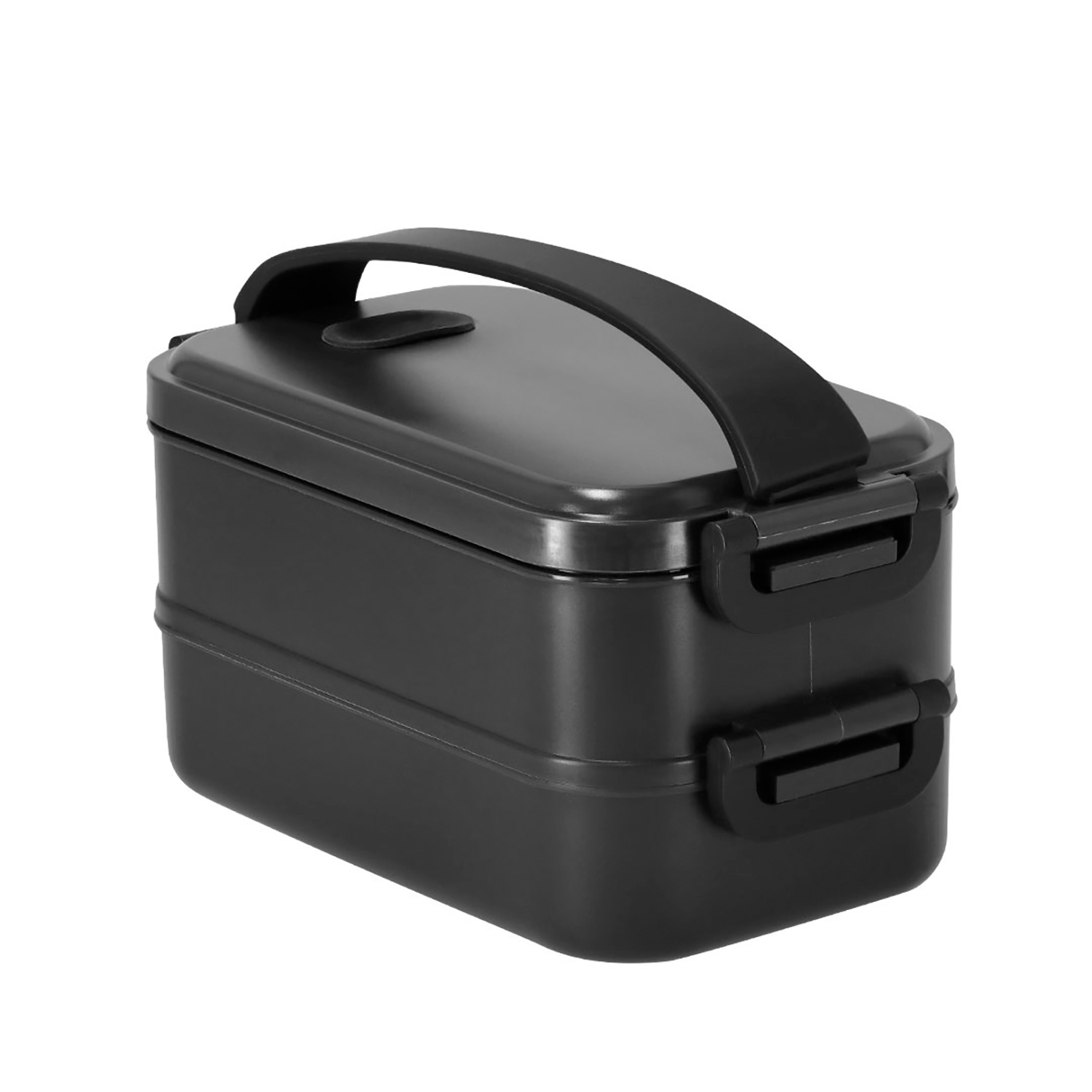 Lunchbox nera a due livelli con manico e chiusure.