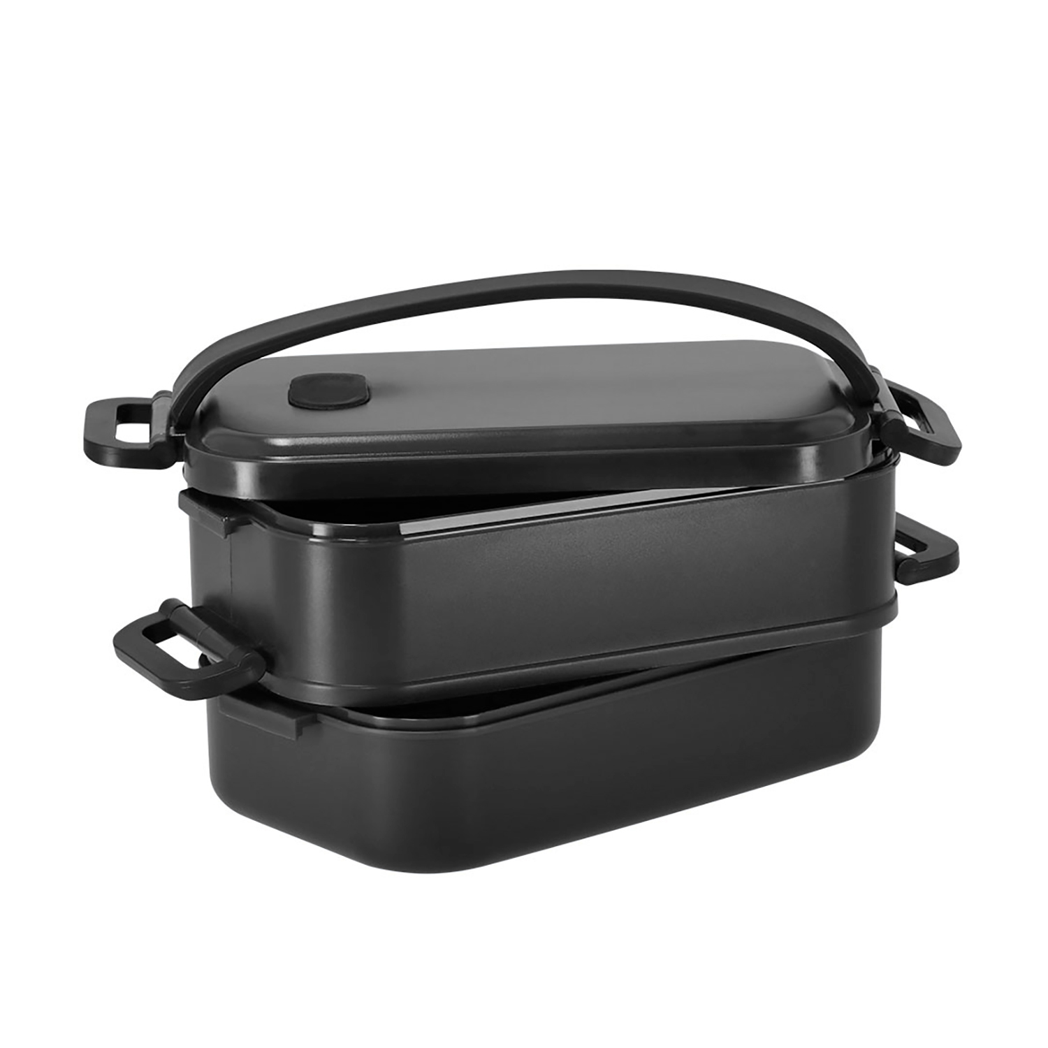 Un contenitore per il pranzo rettangolare nero a due livelli con manico.