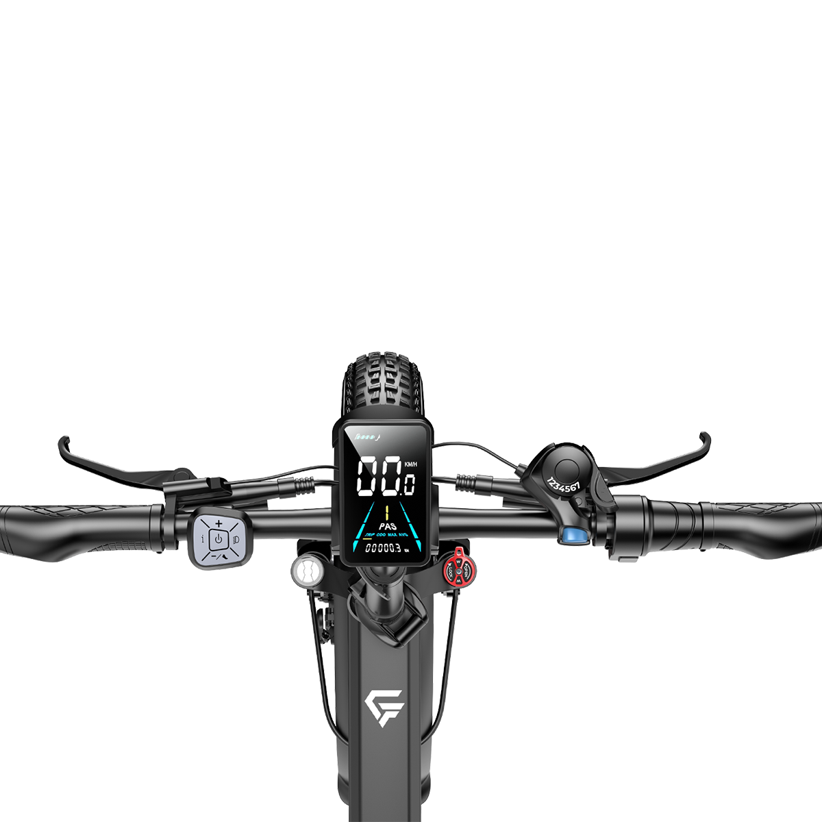 Kierownica hulajnogi elektrycznej z wyświetlaczem, dźwigniami hamulca i manetką gazu.