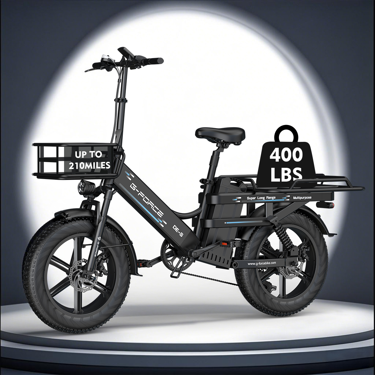 Czarny rower elektryczny z koszem z przodu (zasięg 210 mil) i bagażnikiem z tyłu (400 funtów).