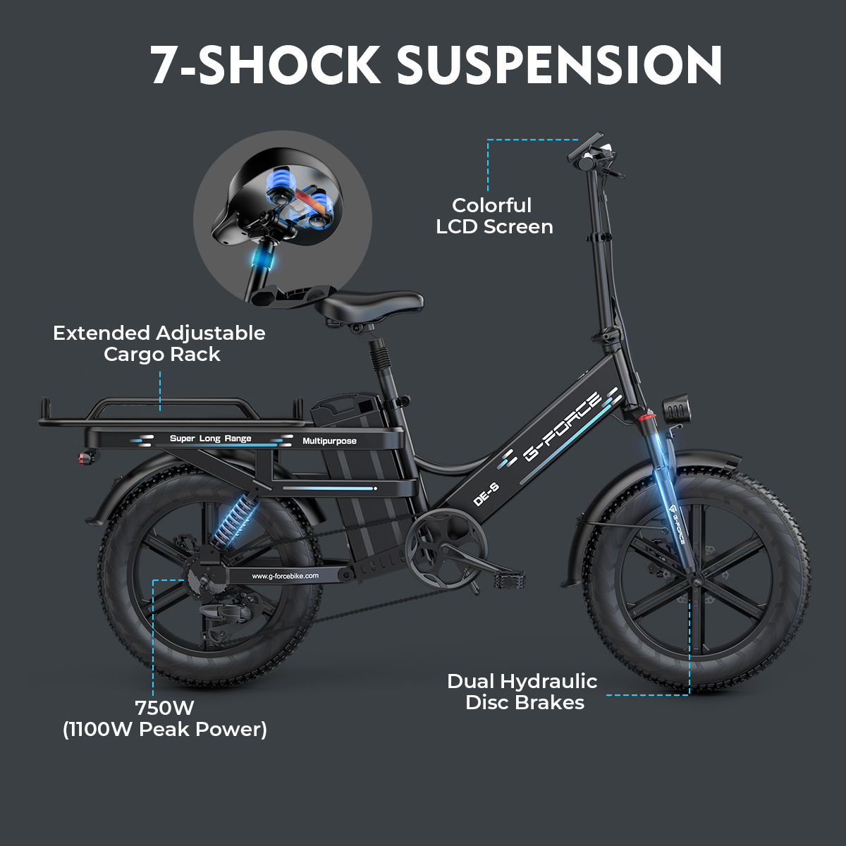 Czarny rower elektryczny z bagażnikiem, ekranem LCD i 7 amortyzatorami.