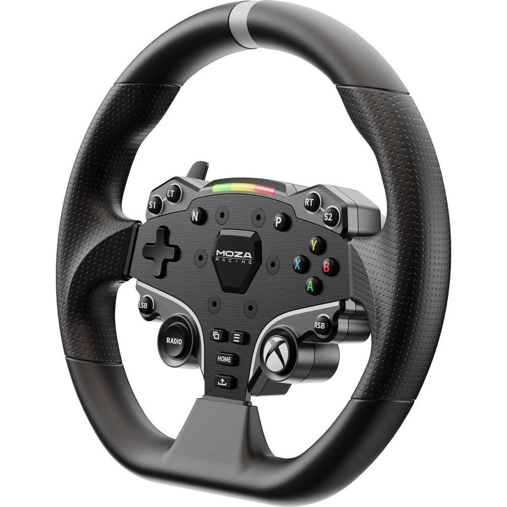 Ein schwarzer Rennlenkrad-Controller mit vielen Knöpfen und einem MOZA RACING-Logo.